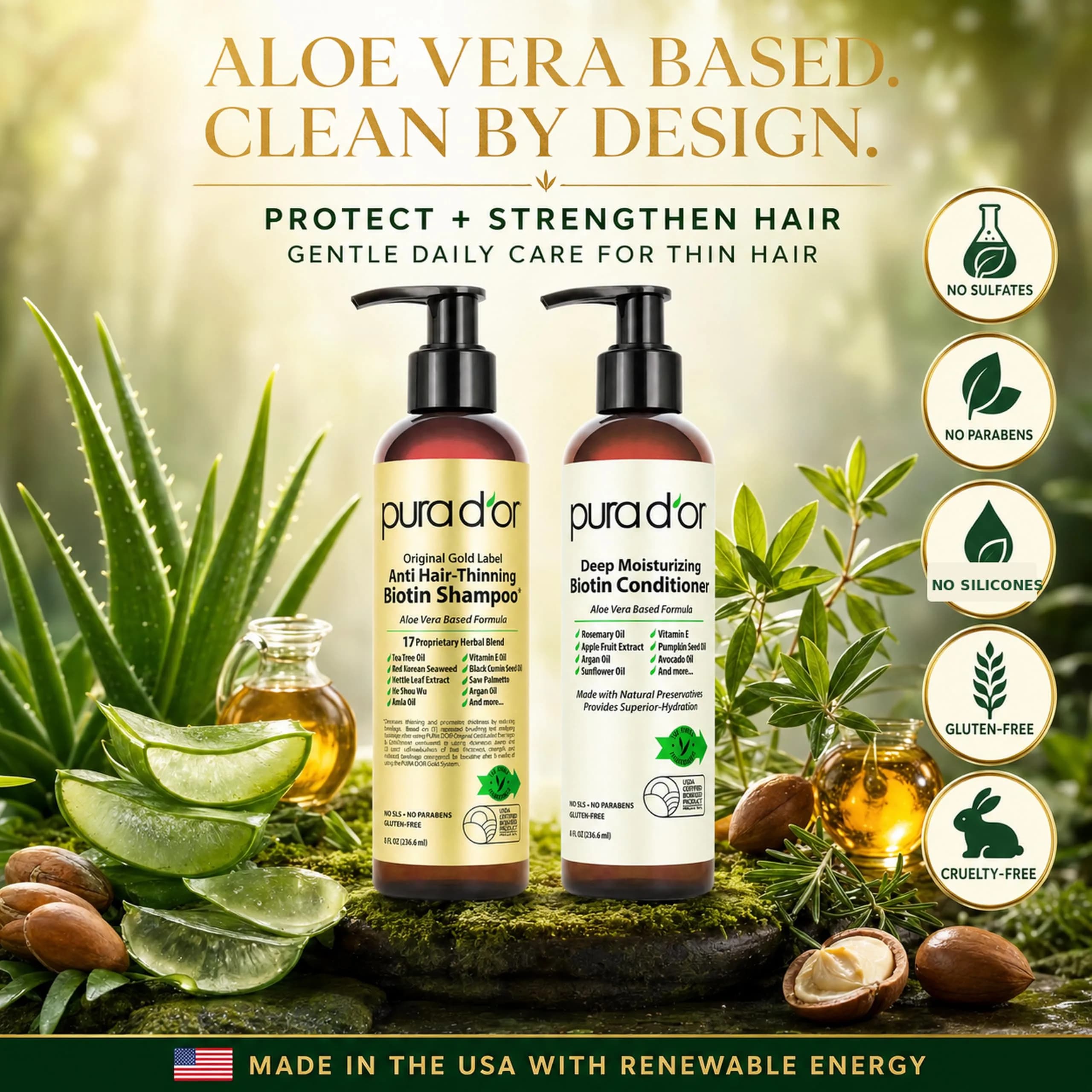 PURA D'OR Original Gold Label Anti-Thinning Biotin Shampoo & Conditioner Set 473ml (16 Fl Oz) | Clinically Tested for Hair Regrowth & Strength - view 3
