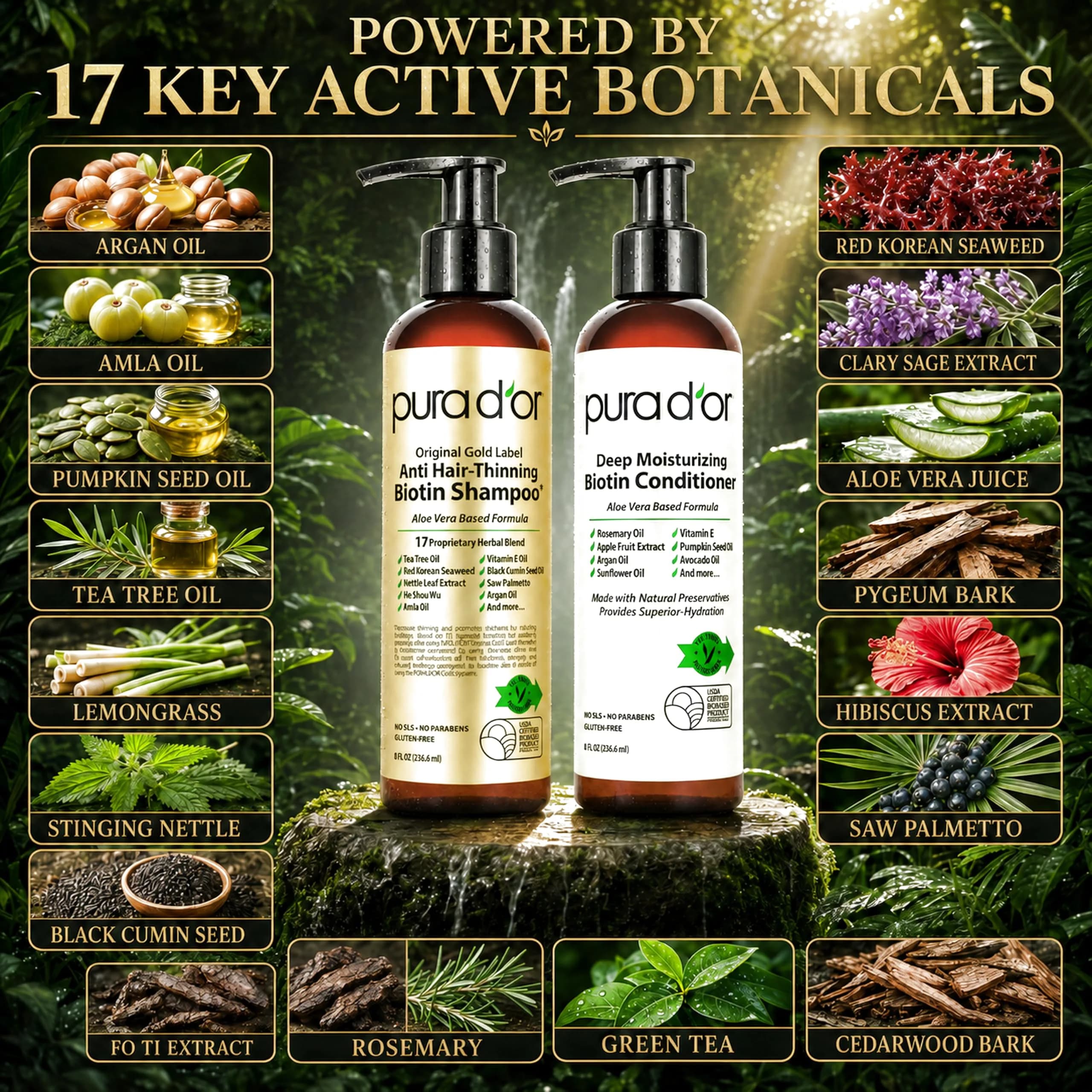 PURA D'OR Original Gold Label Anti-Thinning Biotin Shampoo & Conditioner Set 473ml (16 Fl Oz) | Clinically Tested for Hair Regrowth & Strength - view 4