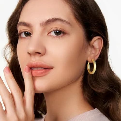 shownii Chunky Gold Hoop Earrings - 14K Gold Plated Lightweight Hoops | Classic 30mm Diameter thumbnail 2