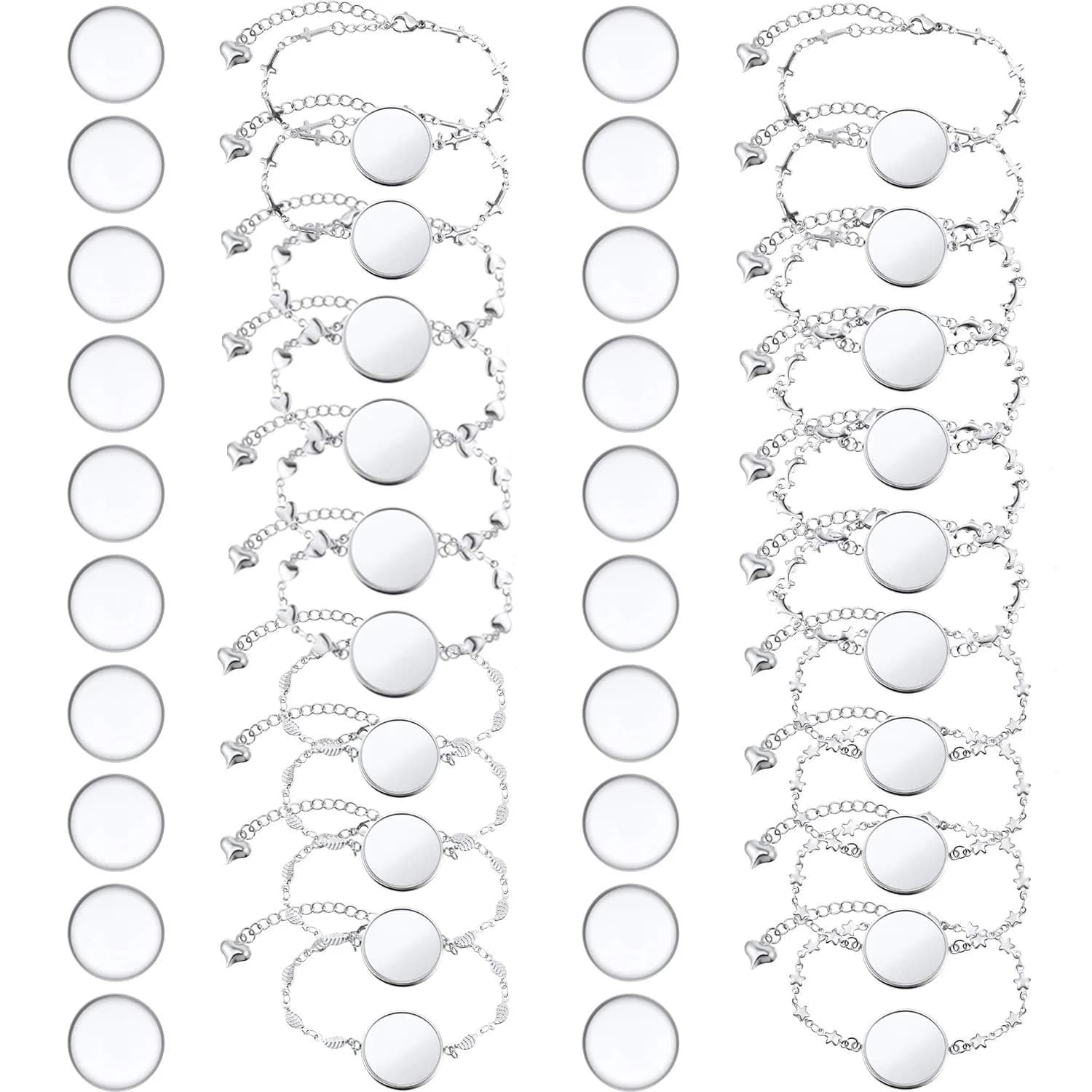 Hicarer 40 Pieces Bracelet Bezel Settings for Jewelry Making | Adjustable, Glass & Stainless Steel | 14cm (5.5 inch) — Clear,Silver