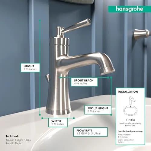 hansgrohe Joleena Transitional 1-Handle Bathroom Sink Faucet with Pop-Up Drain, Brushed Nickel, 1.2 GPM (156 ml/min) thumbnail 4