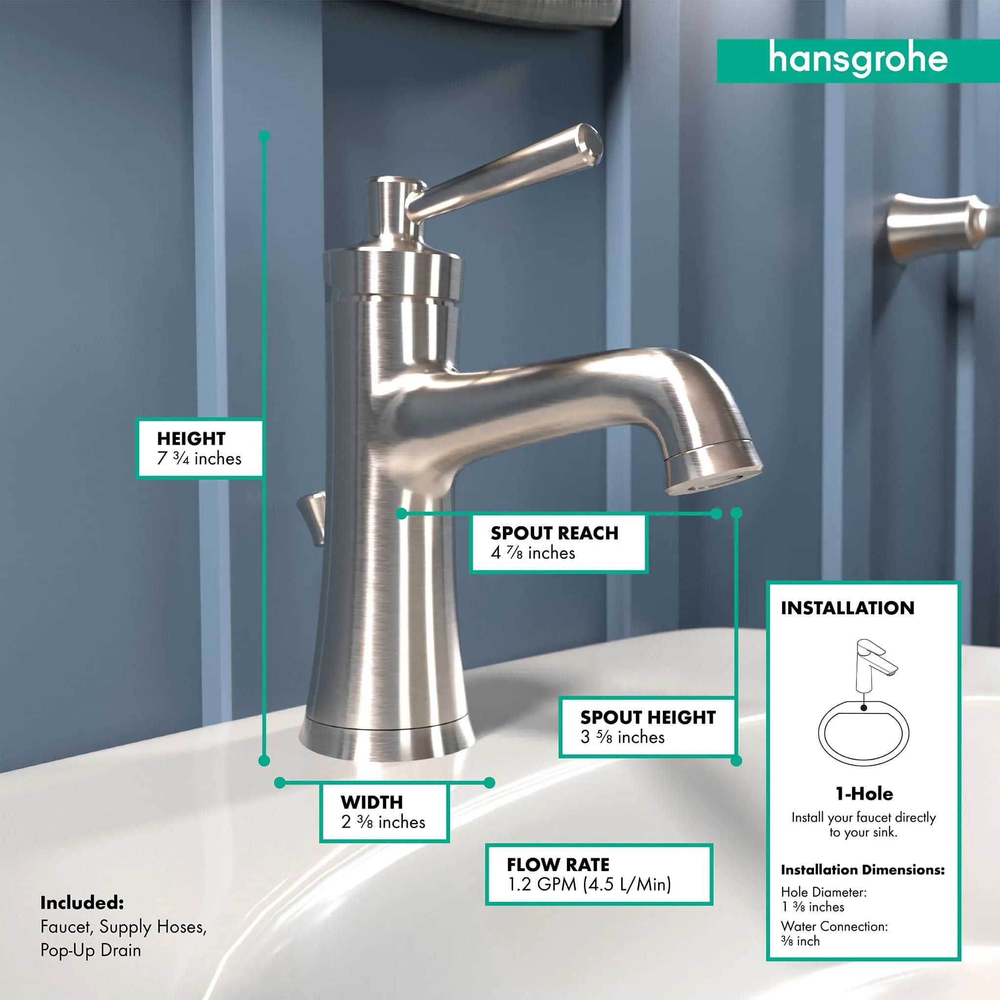 hansgrohe Joleena Transitional 1-Handle Bathroom Sink Faucet with Pop-Up Drain, Brushed Nickel, 1.2 GPM (156 ml/min) - view 4