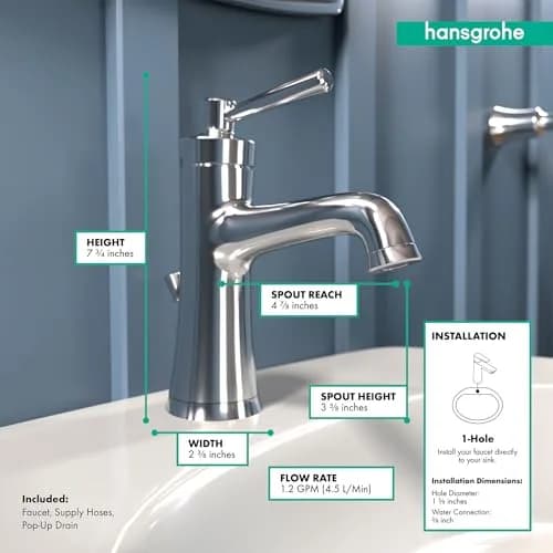 hansgrohe Joleena Single-Hole Bathroom Faucet with Pop-Up Drain, 1.2 GPM, 7.8-Inches Tall, Chrome | Transitional Style thumbnail 4