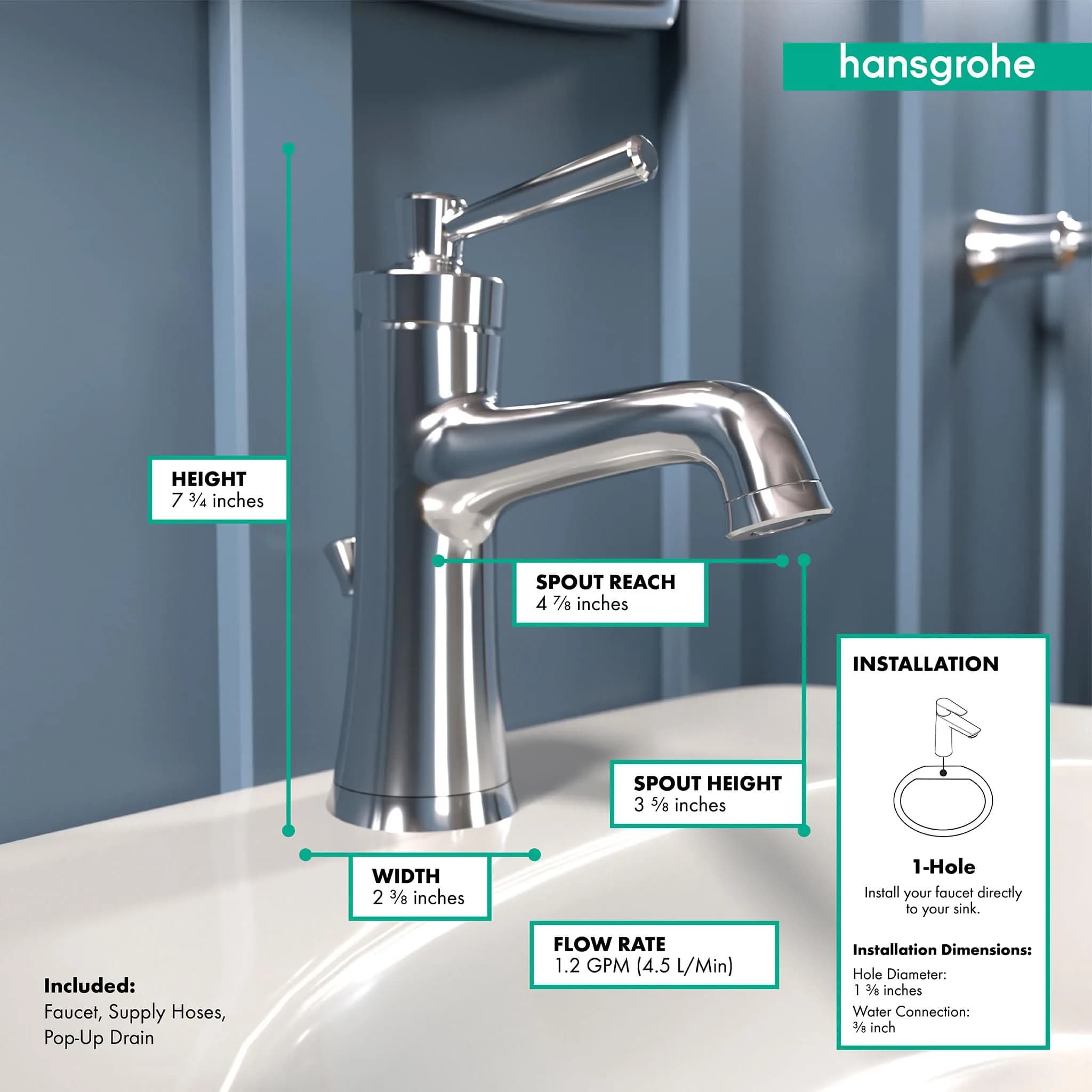hansgrohe Joleena Single-Hole Bathroom Faucet with Pop-Up Drain, 1.2 GPM, 7.8-Inches Tall, Chrome | Transitional Style - view 4