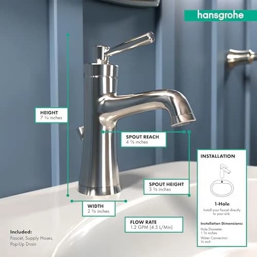 hansgrohe Joleena Single-Hole Bathroom Faucet with Pop-Up Drain, 1.2 GPM, 19.7 cm (7.75-Inches) Tall, Polished Nickel | ComfortZone 100 for Easy Use thumbnail 4