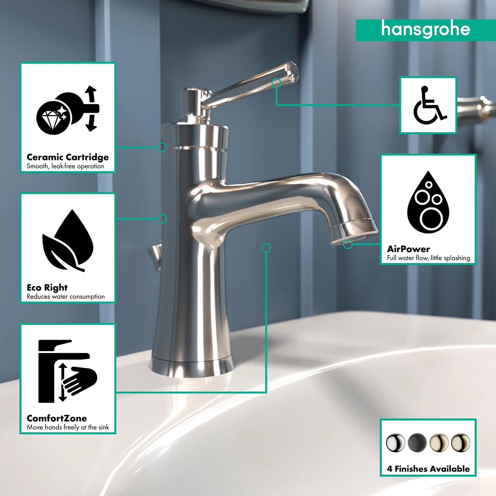 hansgrohe Joleena Single-Hole Bathroom Faucet with Pop-Up Drain, 1.2 GPM, 19.7 cm (7.75-Inches) Tall, Polished Nickel | ComfortZone 100 for Easy Use - view 3