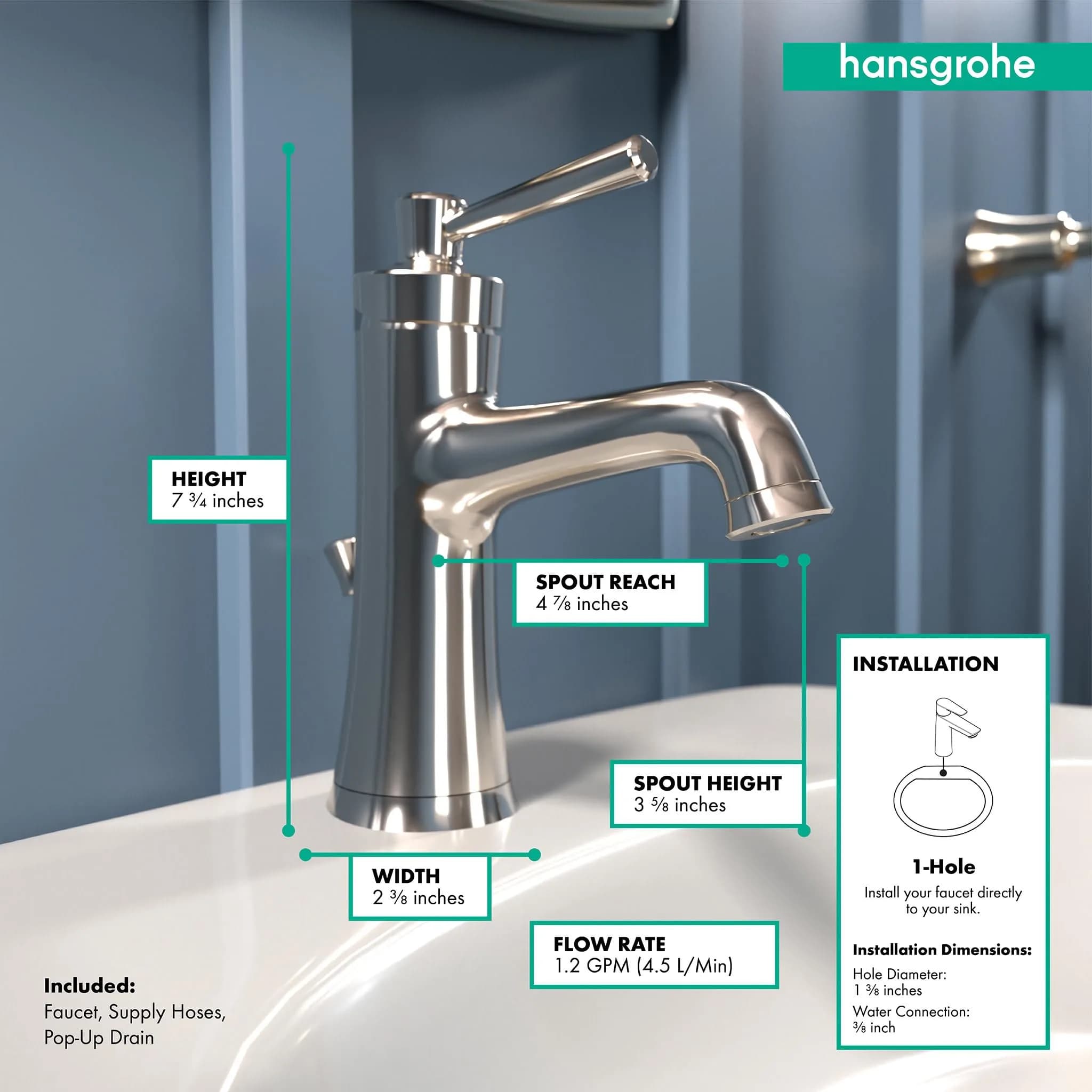 hansgrohe Joleena Single-Hole Bathroom Faucet with Pop-Up Drain, 1.2 GPM, 19.7 cm (7.75-Inches) Tall, Polished Nickel | ComfortZone 100 for Easy Use - view 4