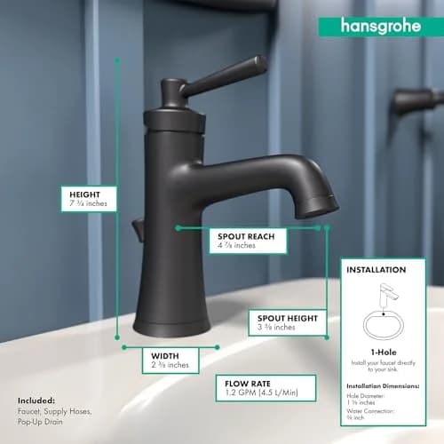 hansgrohe Joleena Single-Hole Bathroom Faucet with Pop-Up Drain, 19.7 cm (7.75 Inches) Tall, Matte Black | 1.2 GPM Water Saving thumbnail 5