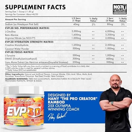 Evogen EVP 3D Stim-Free Pre-Workout Powder 40 Servings | Peach Rings | Caffeine-Free, Arginine Nitrate, L-Citrulline thumbnail 2