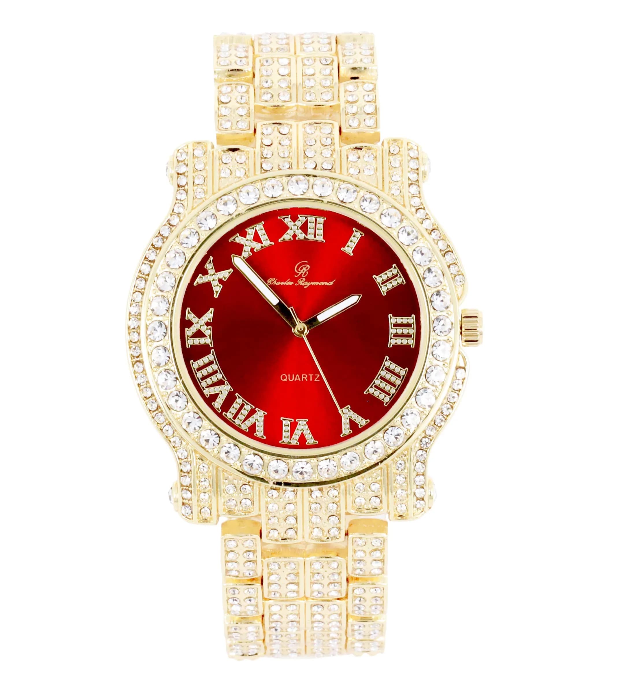 Charles Raymond Bling-ed Out Gold Hip Hop Mens Watch 36 Diamonds | Red Dial, 8.5" Adjustable — Gold Blood Red
