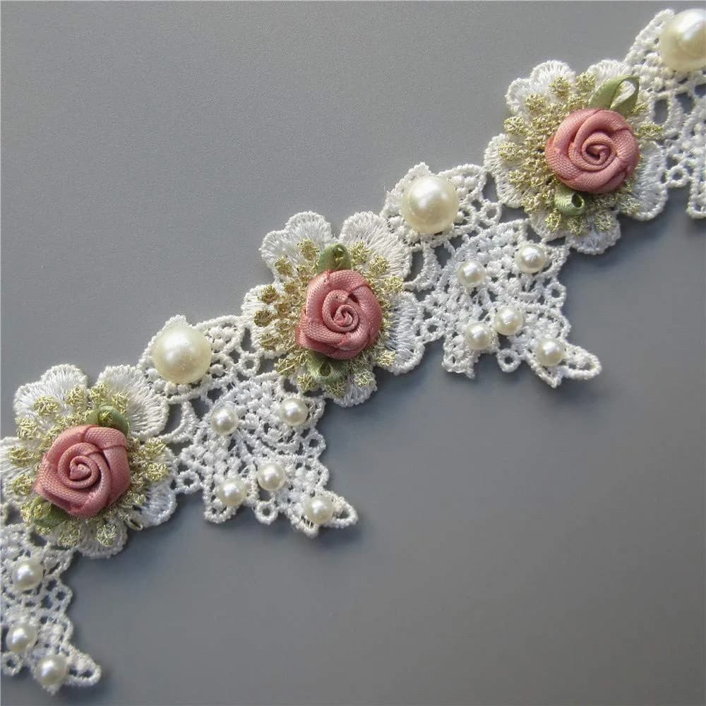 Milcraft Decorative Ribbon Trim Floral Embroidered Lace 5cm | Vintage Gold Pearl Rose Flowers — White