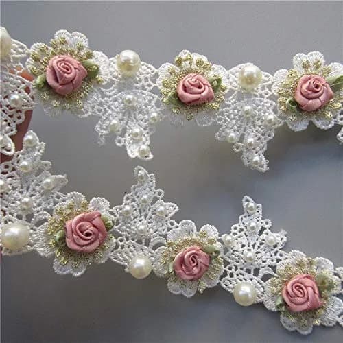 Milcraft Decorative Ribbon Trim Floral Embroidered Lace 5cm | Vintage Gold Pearl Rose Flowers thumbnail 5