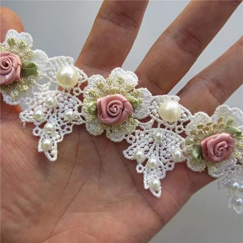 Milcraft Decorative Ribbon Trim Floral Embroidered Lace 5cm | Vintage Gold Pearl Rose Flowers thumbnail 3