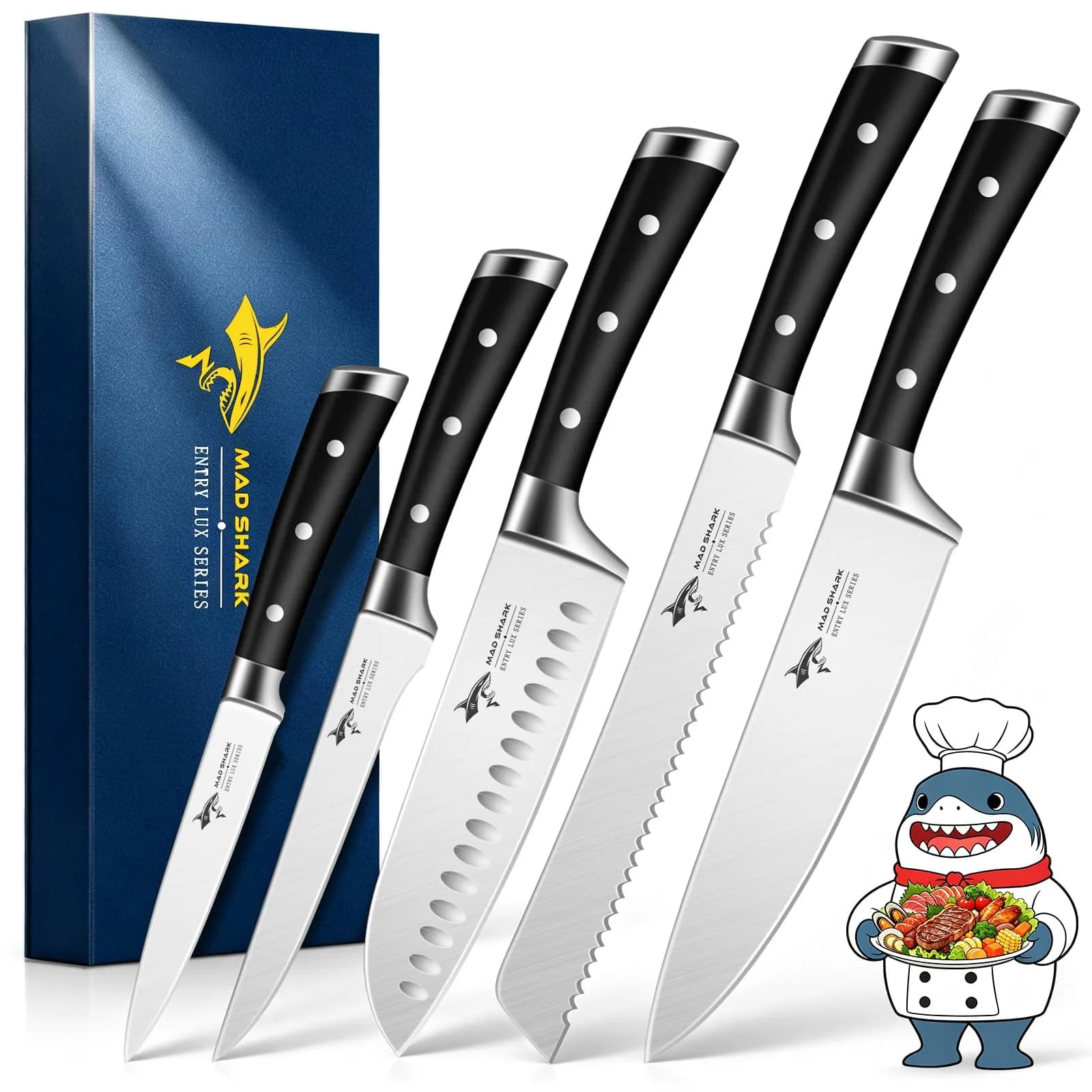 MAD SHARK Kitchen Knife Set 5 Piece | High Carbon German Steel, Ergonomic Handles, Dishwasher Safe — 5-Piece