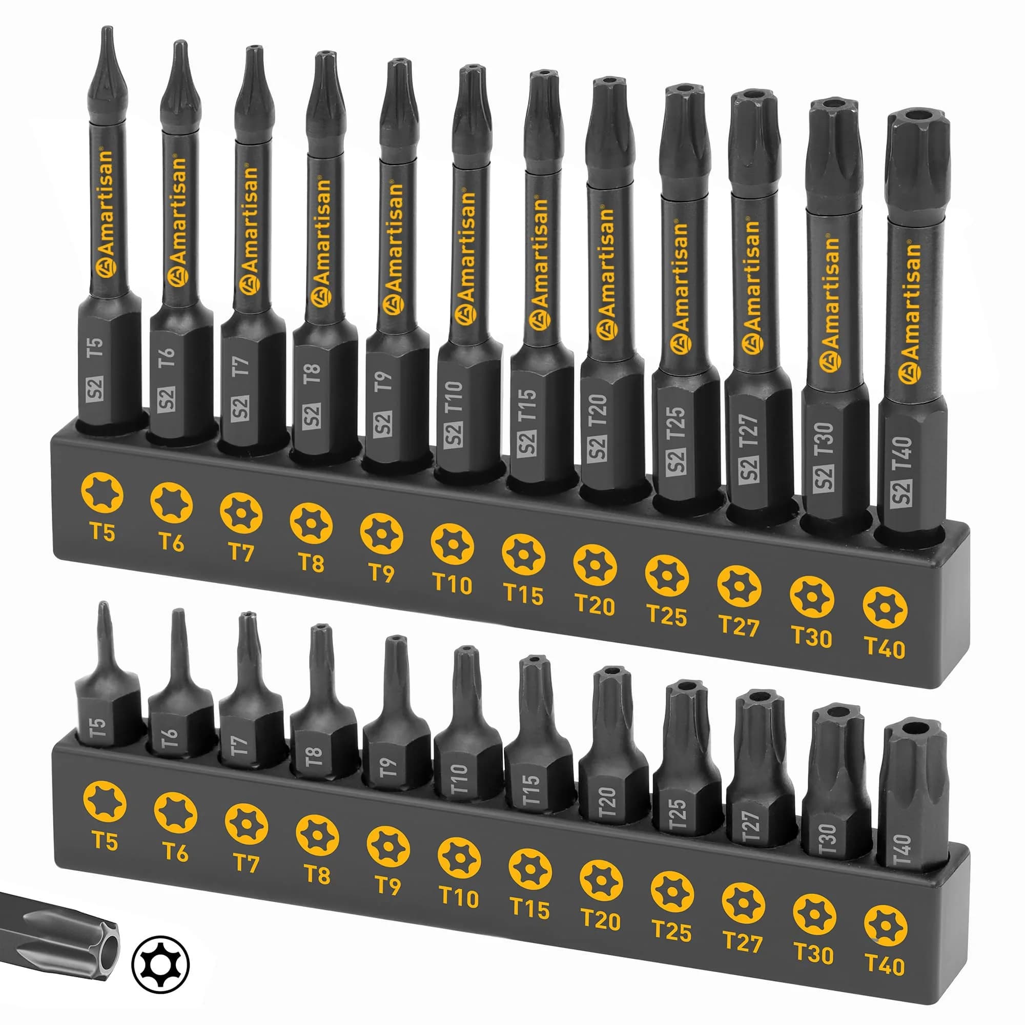 Amartisan 20-Piece Hex Bit Set | High-Quality S2 Alloy Steel, Metric & SAE, 2.3" Length, Black — Black