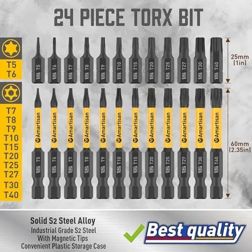 Amartisan Torx Bit Set, 24-Piece S2 Steel, 1" & 2.3" Long T5 - T40, Security, Tamper Resistant Fastener Drive Bit thumbnail 6