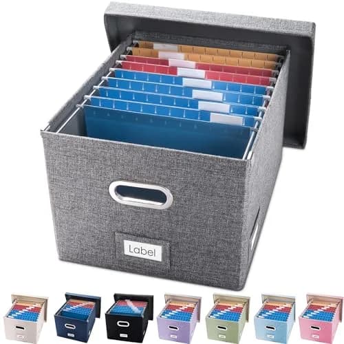 PRANDOM Decorative Linen File Organizer Box with Lid, 39L (17x14x11.2 inch) | Collapsible & Stackable for Letter/Legal Size Files thumbnail 1