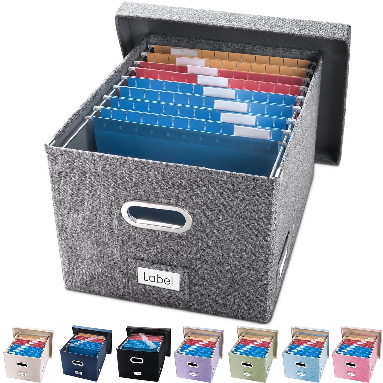 PRANDOM Decorative Linen File Organizer Box with Lid, 39L (17x14x11.2 inch) | Collapsible & Stackable for Letter/Legal Size Files — Grey