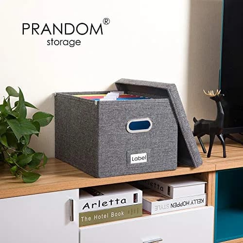 PRANDOM Decorative Linen File Organizer Box with Lid, 39L (17x14x11.2 inch) | Collapsible & Stackable for Letter/Legal Size Files thumbnail 3