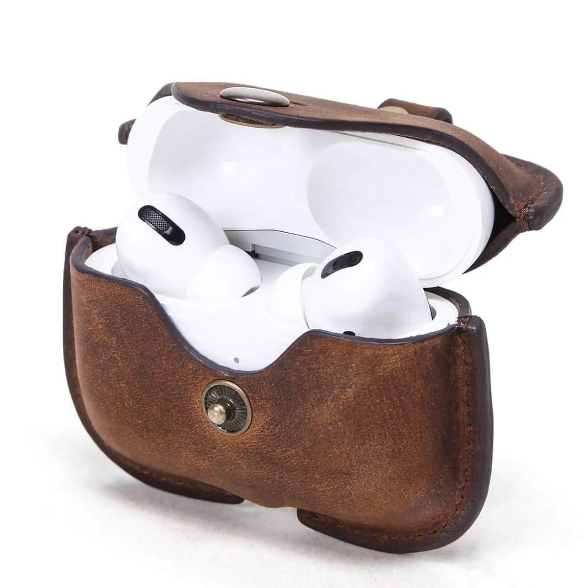 Hiram Airpods Pro Leather Case, Crazy Horse Cowhide Leather Portable Travel Case for Airpods Pro,Headphone Cases for AirPods Pro Charging Case(Coffee) | Genuine Cowhide Leather