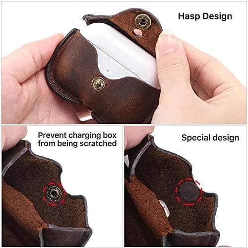 Hiram Airpods Pro Leather Case, Crazy Horse Cowhide Leather Portable Travel Case for Airpods Pro,Headphone Cases for AirPods Pro Charging Case(Coffee) | Genuine Cowhide Leather thumbnail 3