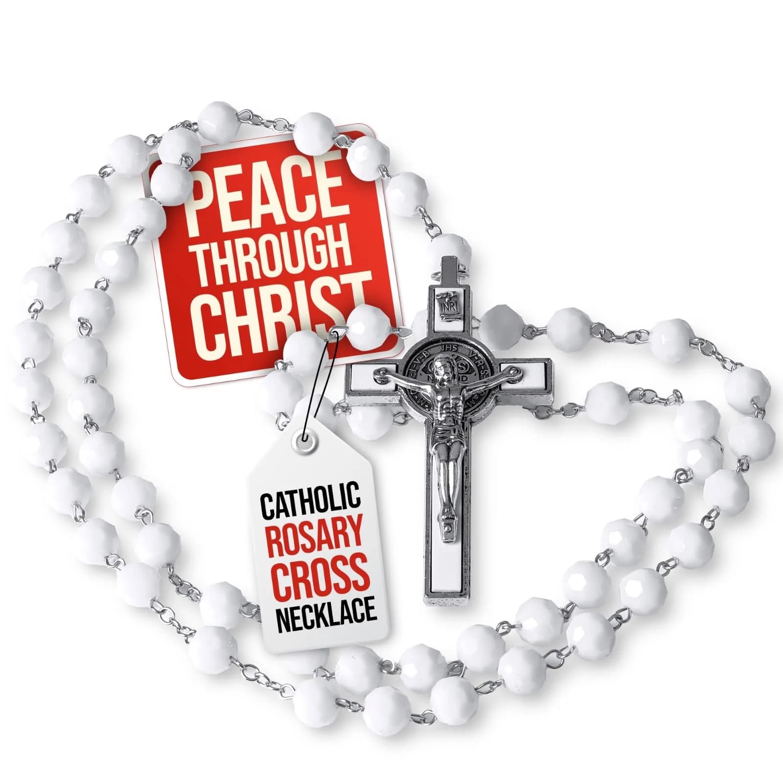 SANCTUM VERITAS White Crystal Catholic Rosary Necklace | Large Italian Prayer Beads Gift - main product image