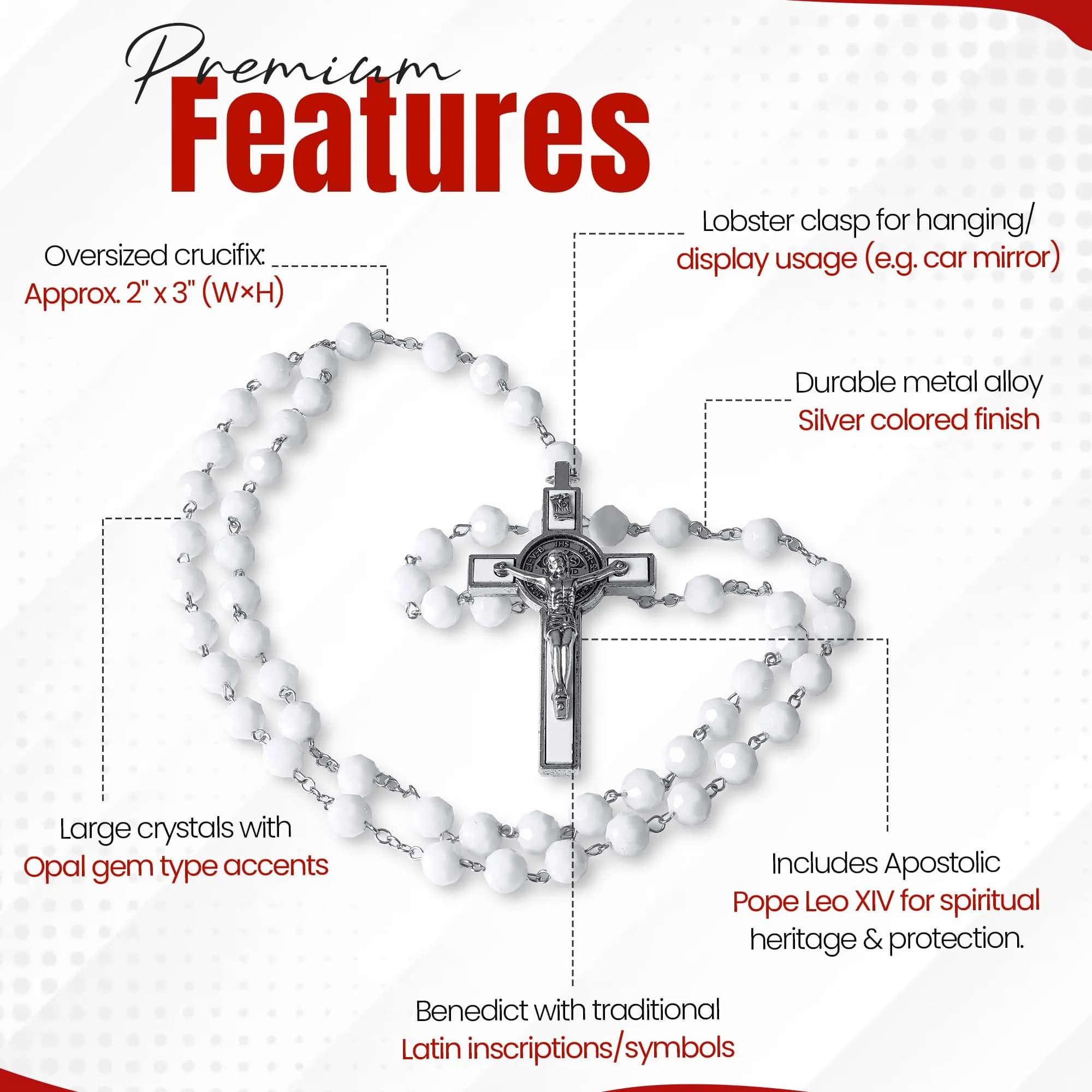 SANCTUM VERITAS White Crystal Catholic Rosary Necklace | Large Italian Prayer Beads Gift - view 3