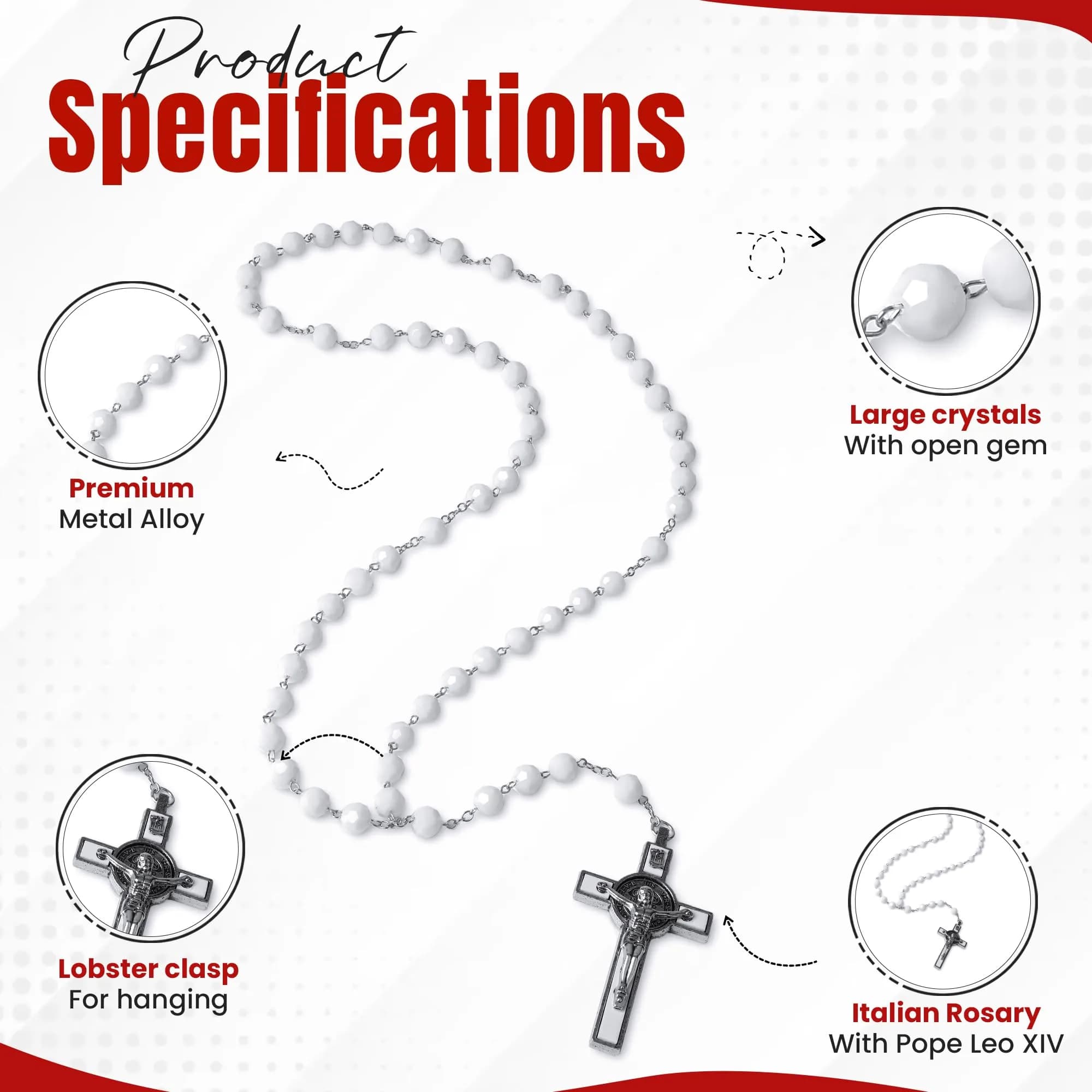 SANCTUM VERITAS White Crystal Catholic Rosary Necklace | Large Italian Prayer Beads Gift - view 4