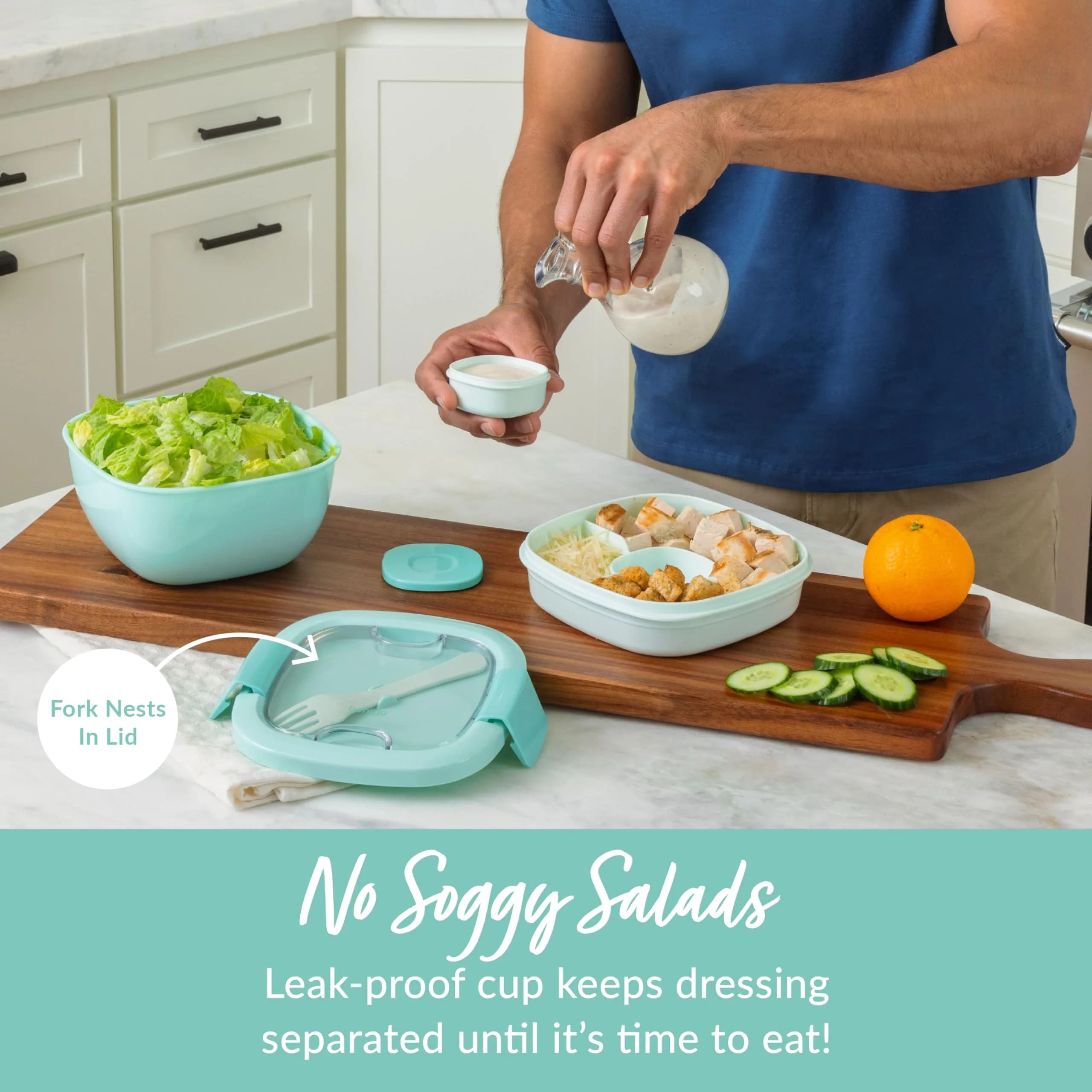 Bentgo Coastal Aqua 54 oz Salad Container with 4-Compartment Tray | Leak-Proof Dressing Container & Reusable Fork - view 4