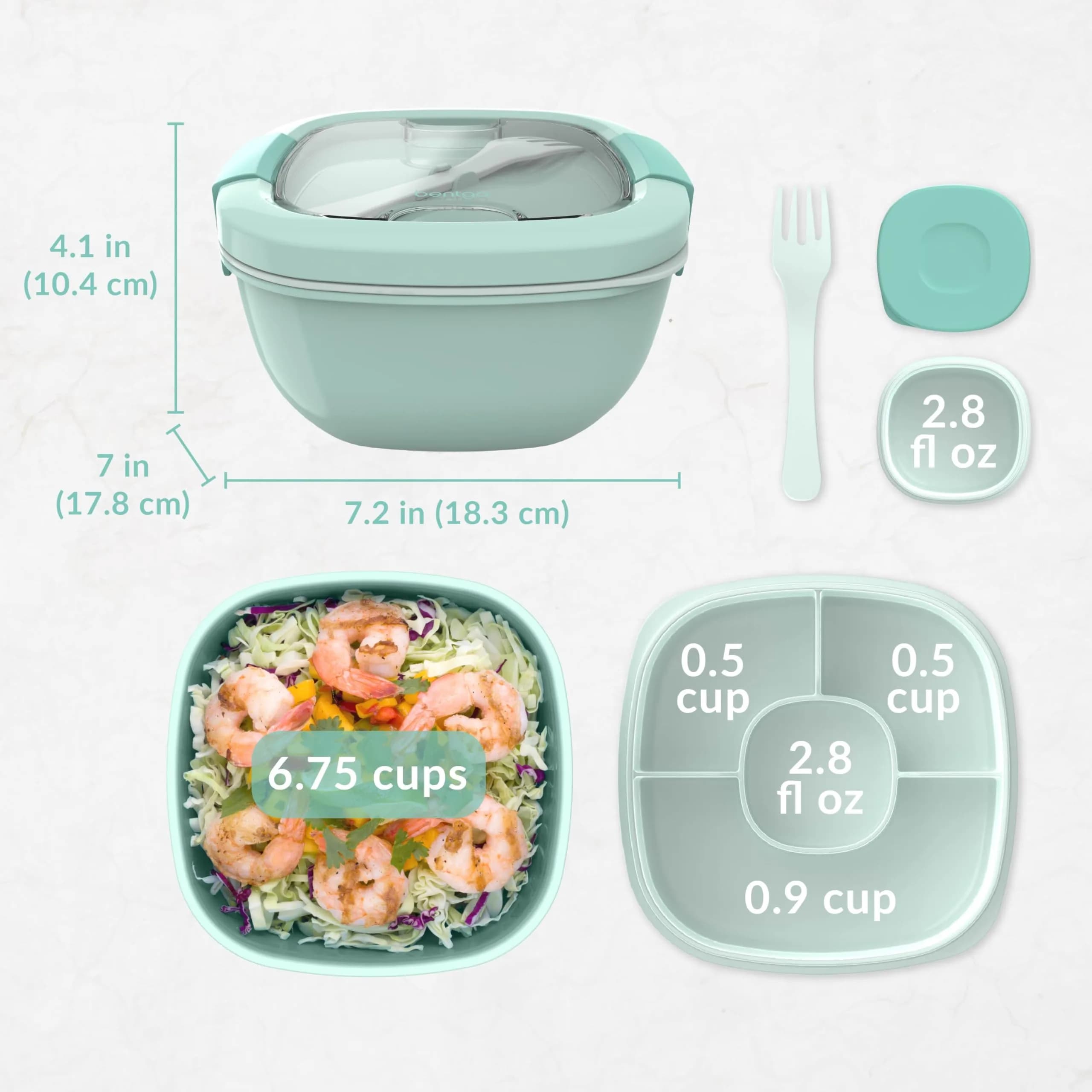 Bentgo Salad Container, Lunch Bowl with 4-Compartment Toppings Tray, 1.9 L (54 oz) | Leak-Proof Dressing Container, Reusable Fork, BPA-Free, Microwave & Dishwasher Safe - view 7