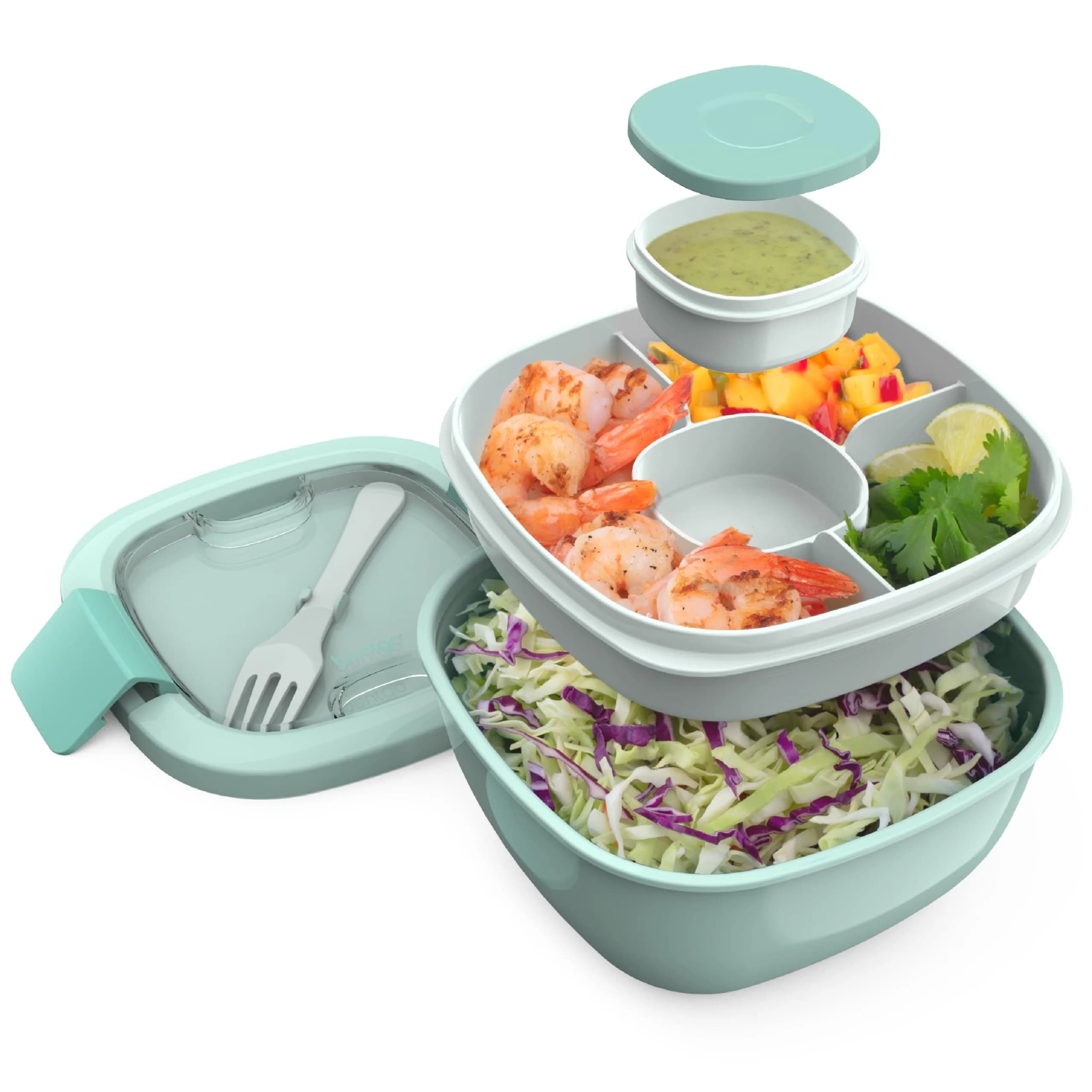 Bentgo Coastal Aqua 54 oz Salad Container with 4-Compartment Tray | Leak-Proof Dressing Container & Reusable Fork - main product image