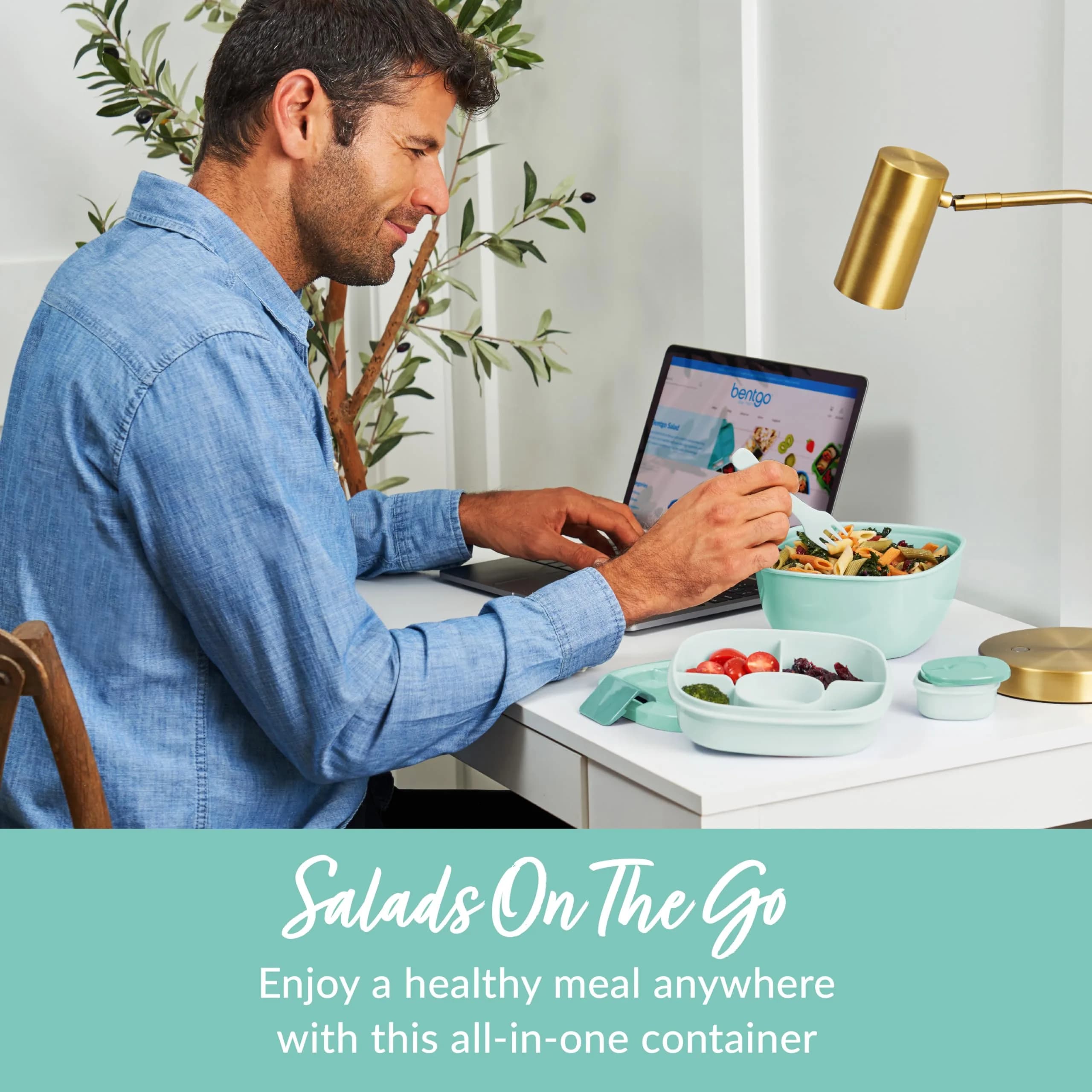 Bentgo Coastal Aqua 54 oz Salad Container with 4-Compartment Tray | Leak-Proof Dressing Container & Reusable Fork - view 2