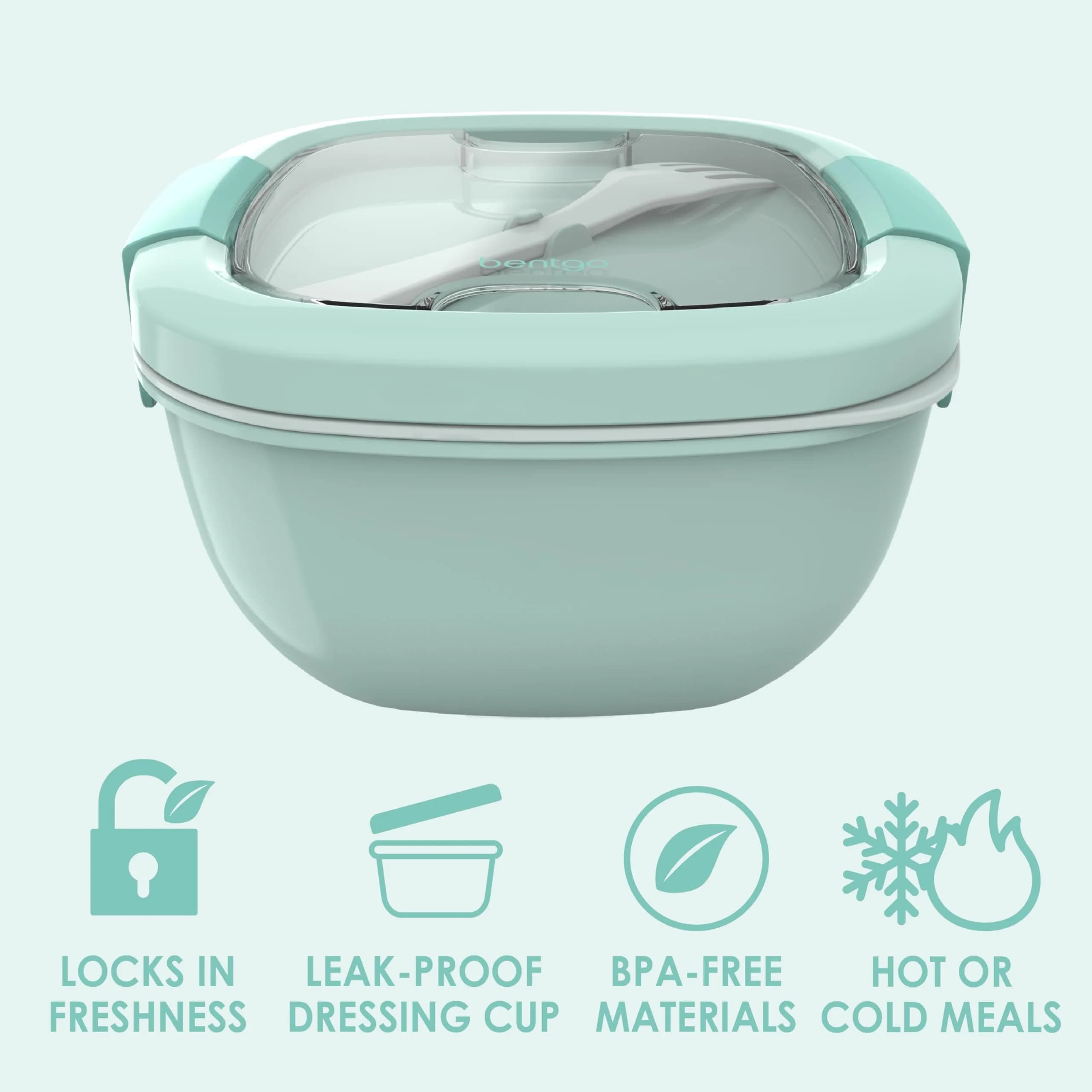 Bentgo Coastal Aqua 54 oz Salad Container with 4-Compartment Tray | Leak-Proof Dressing Container & Reusable Fork - view 3
