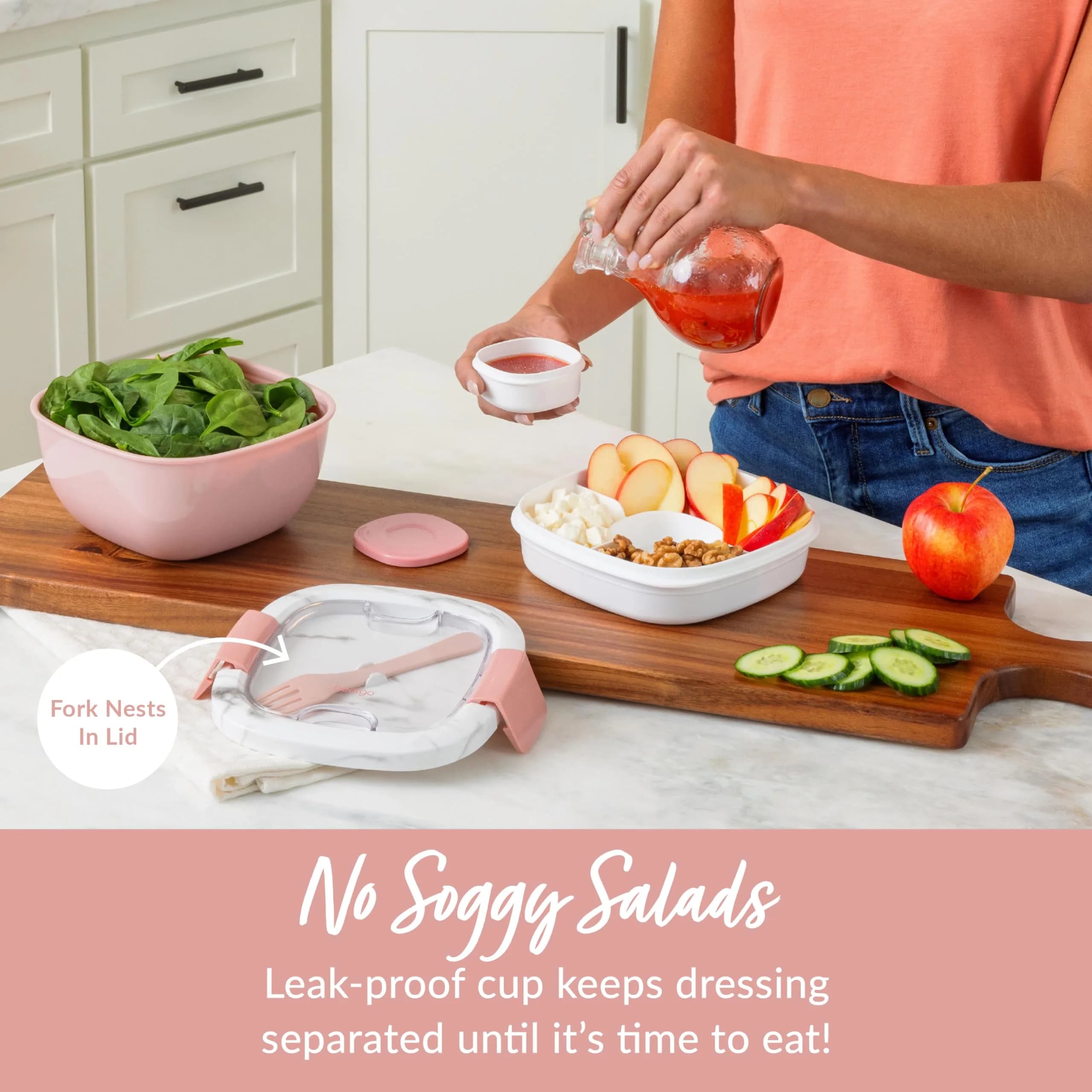 Bentgo Blush Marble 54 oz Salad Container with 4-Compartment Tray | Leak-Proof Dressing Container & Reusable Fork - view 4