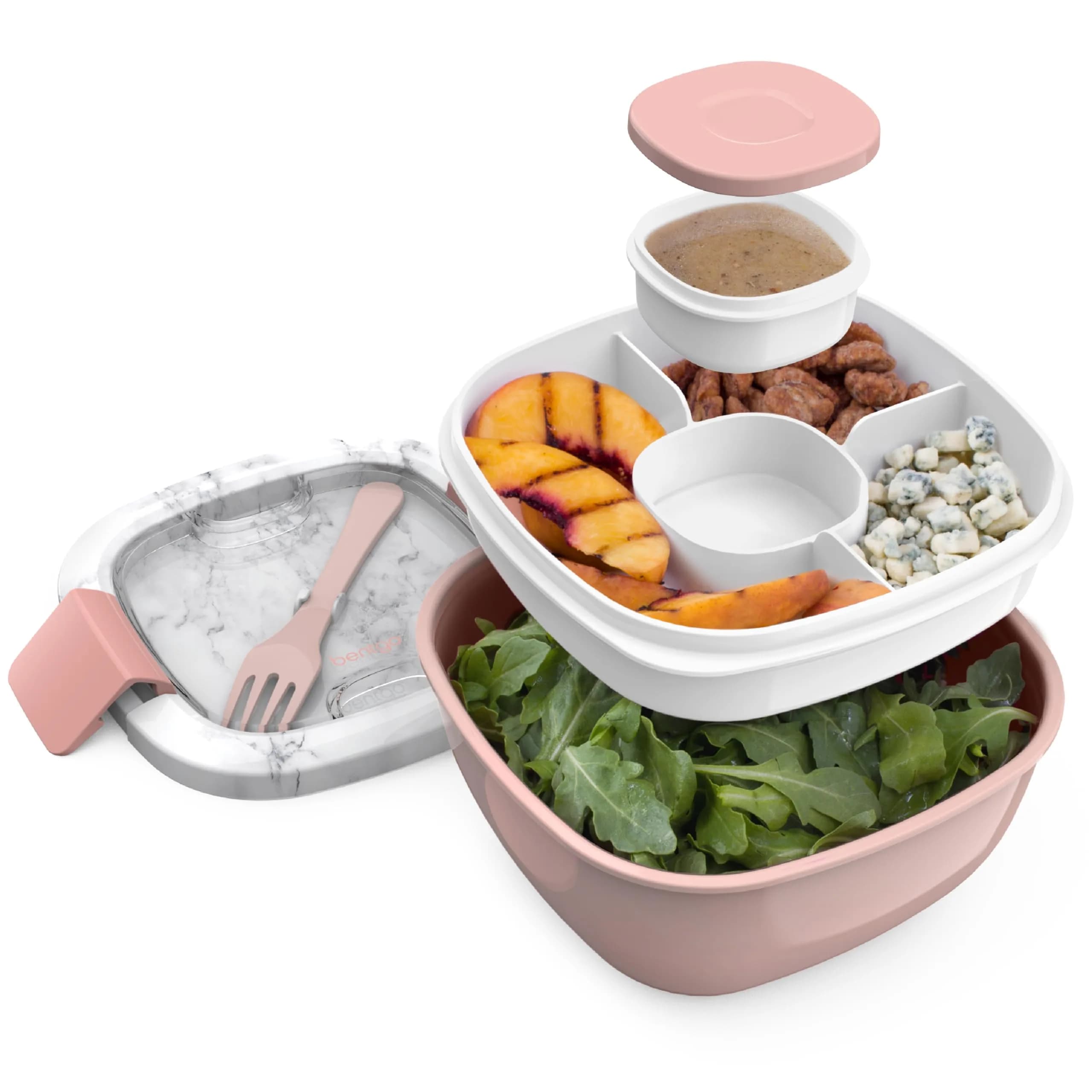 Bentgo Blush Marble 54 oz Salad Container with 4-Compartment Tray | Leak-Proof Dressing Container & Reusable Fork - main product image