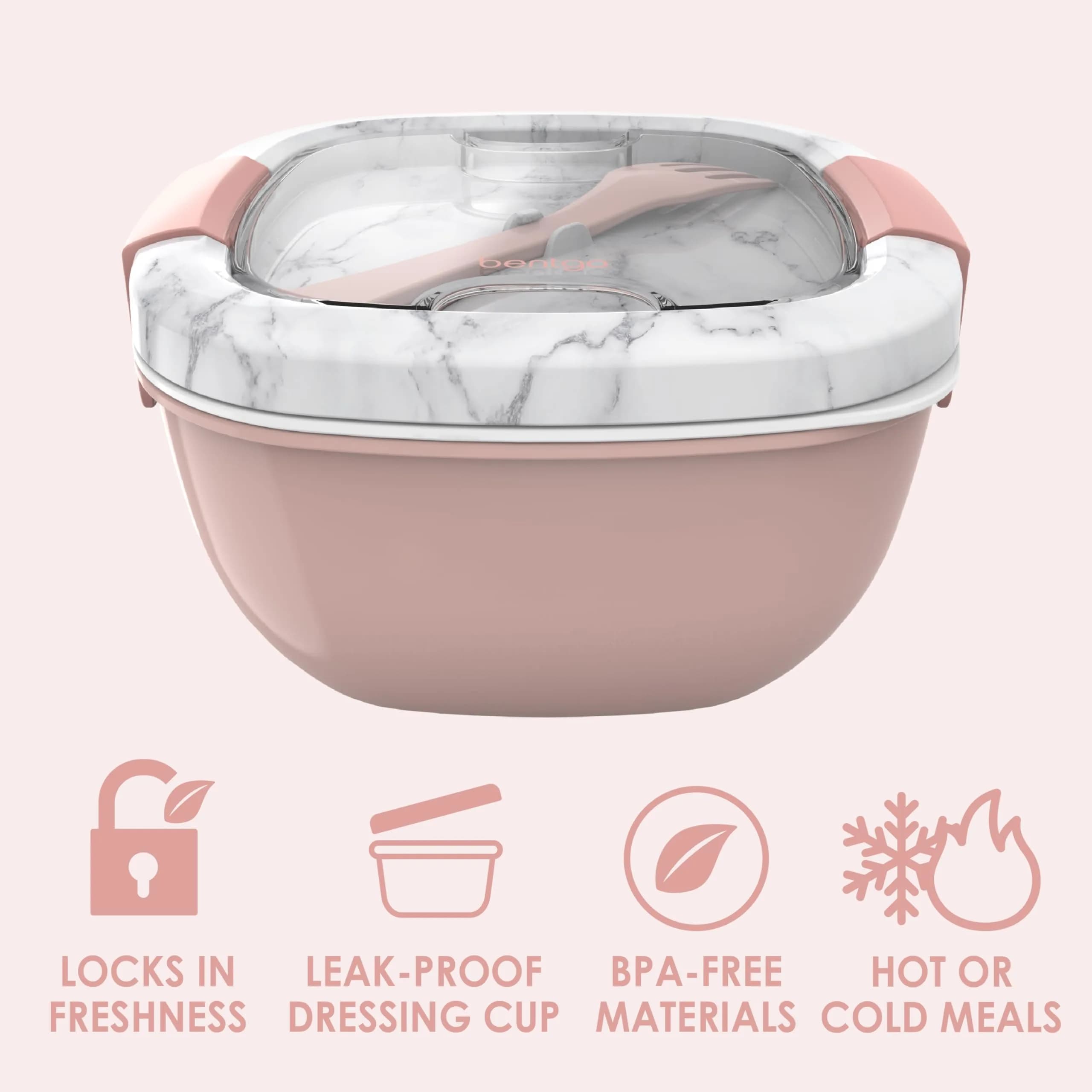 Bentgo Blush Marble 54 oz Salad Container with 4-Compartment Tray | Leak-Proof Dressing Container & Reusable Fork - view 3