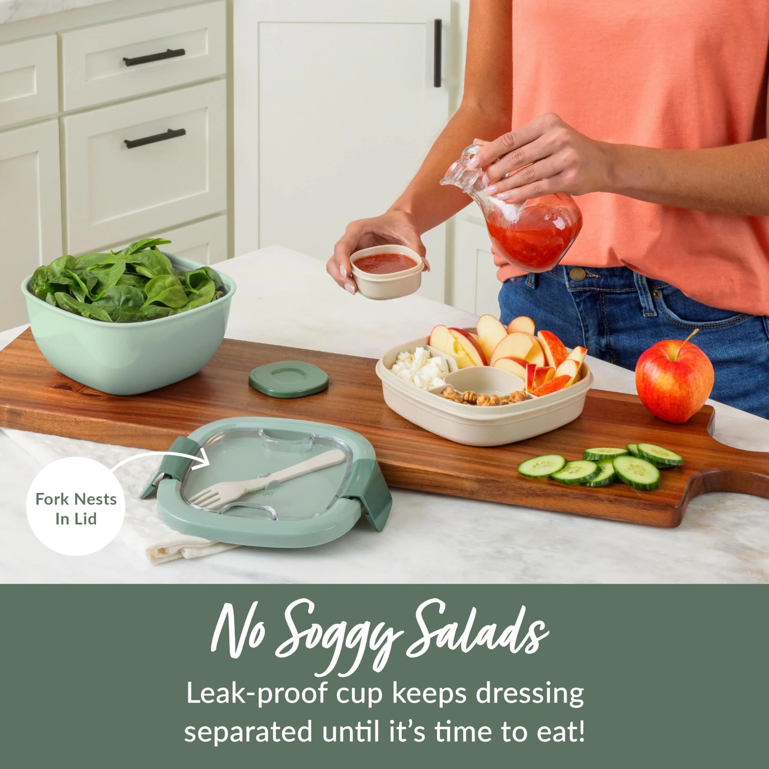 Bentgo Khaki Green 54 oz Salad Container with 4-Compartment Tray | Leak-Proof Dressing Container & Reusable Fork - view 4