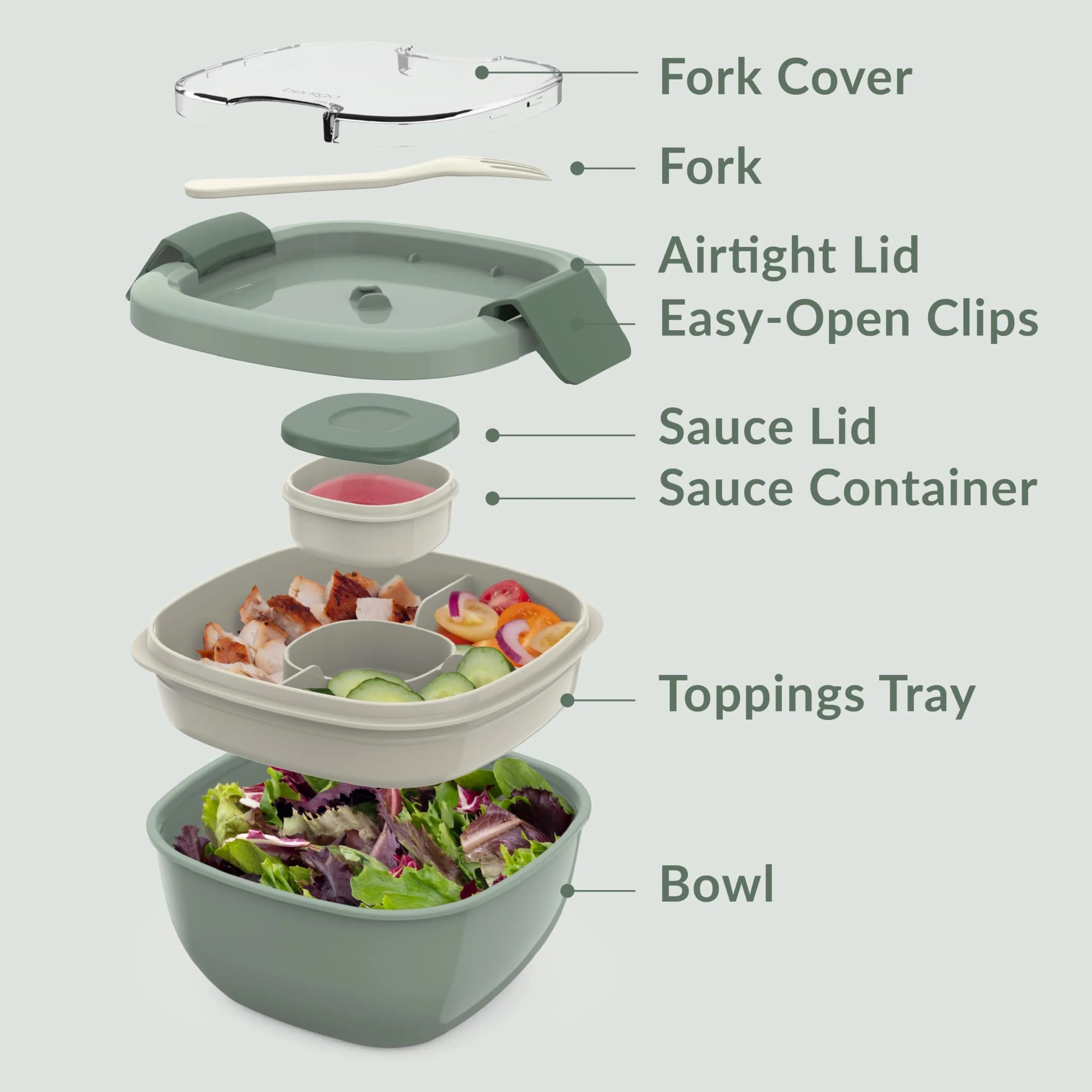 Bentgo Salad Container, Lunch Bowl with 4-Compartment Toppings Tray, 1531 ml (54 oz) | Leak-Proof Dressing Container, Reusable Fork, BPA-Free, Microwave & Dishwasher Safe - view 6