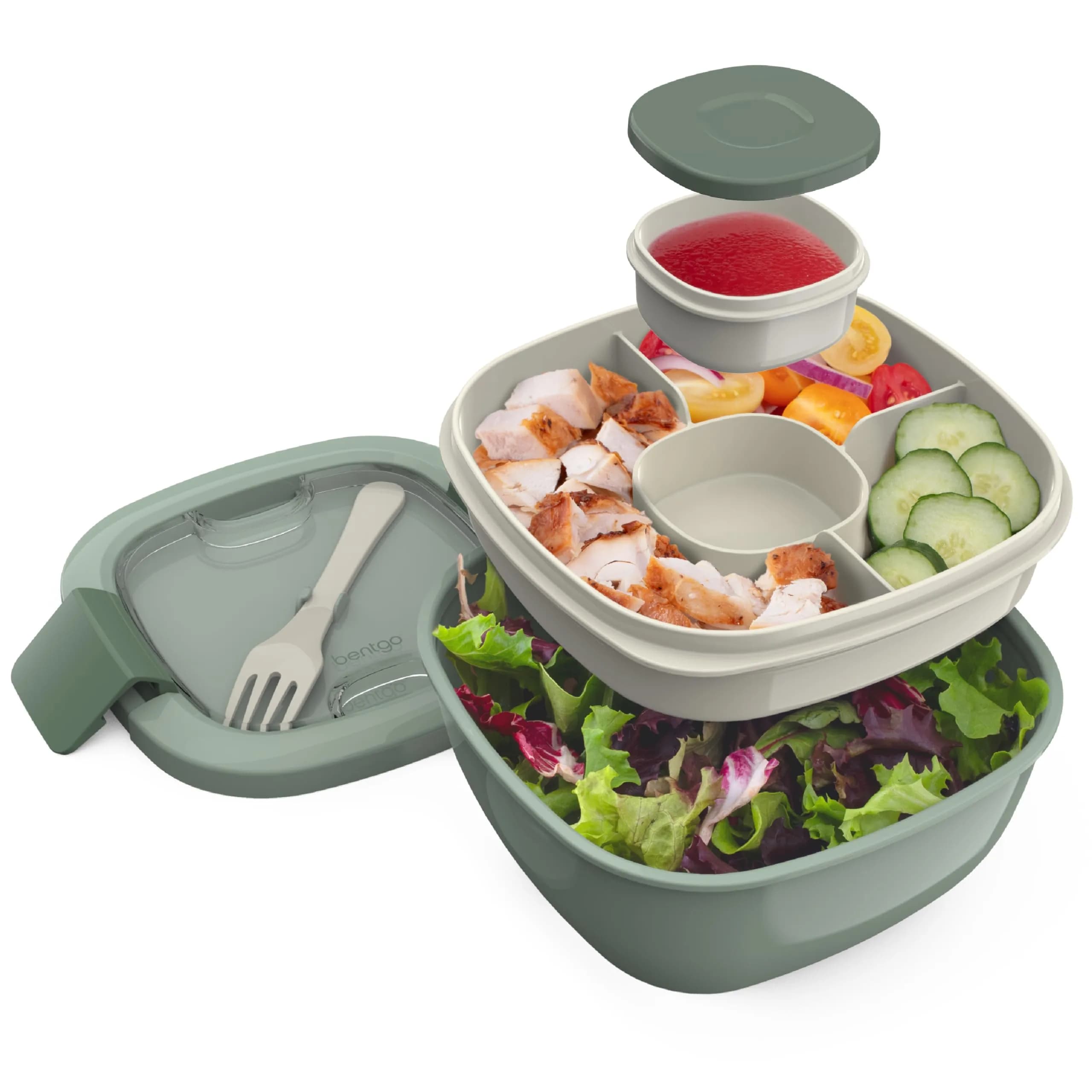 Bentgo Khaki Green 54 oz Salad Container with 4-Compartment Tray | Leak-Proof Dressing Container & Reusable Fork - main product image