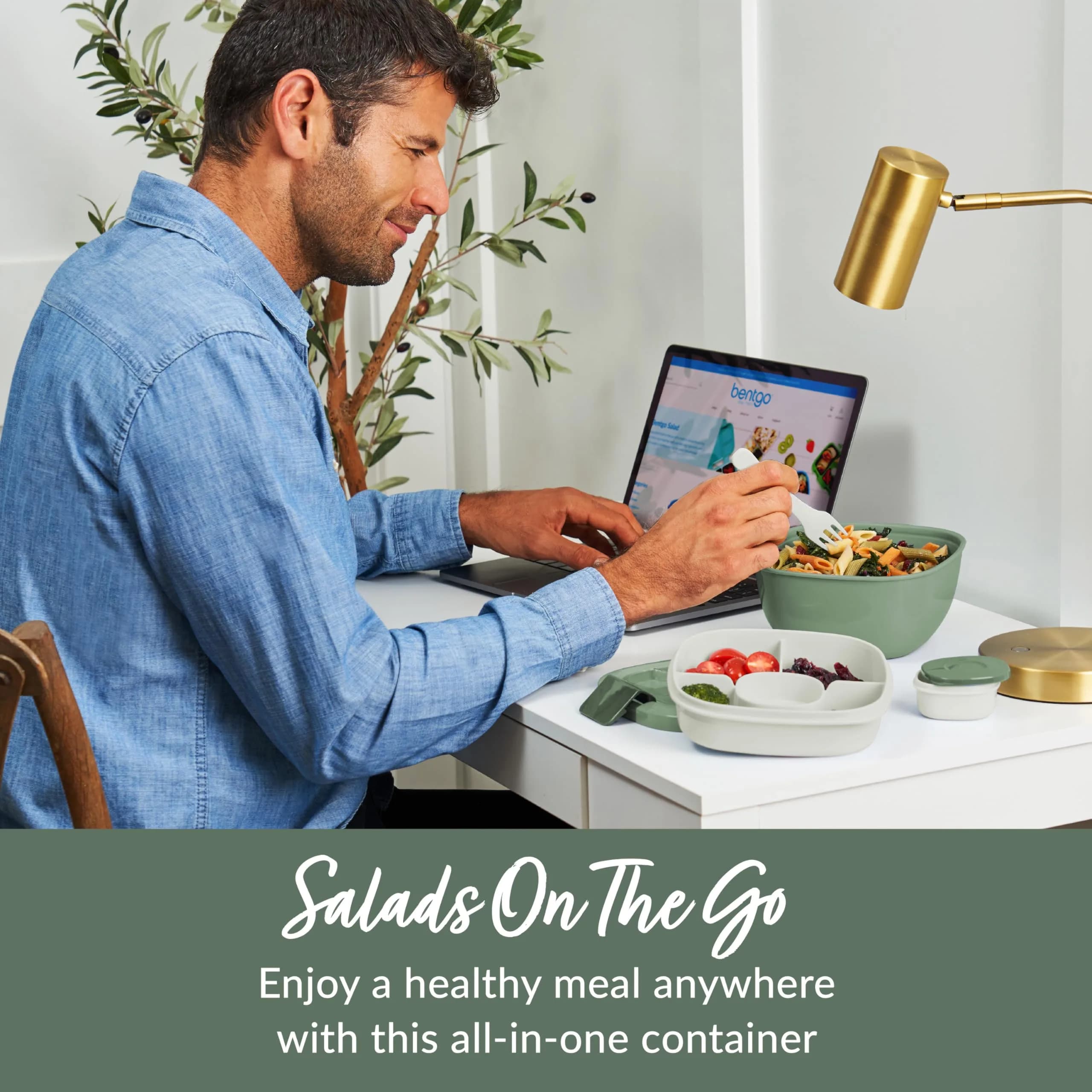 Bentgo Khaki Green 54 oz Salad Container with 4-Compartment Tray | Leak-Proof Dressing Container & Reusable Fork - view 2