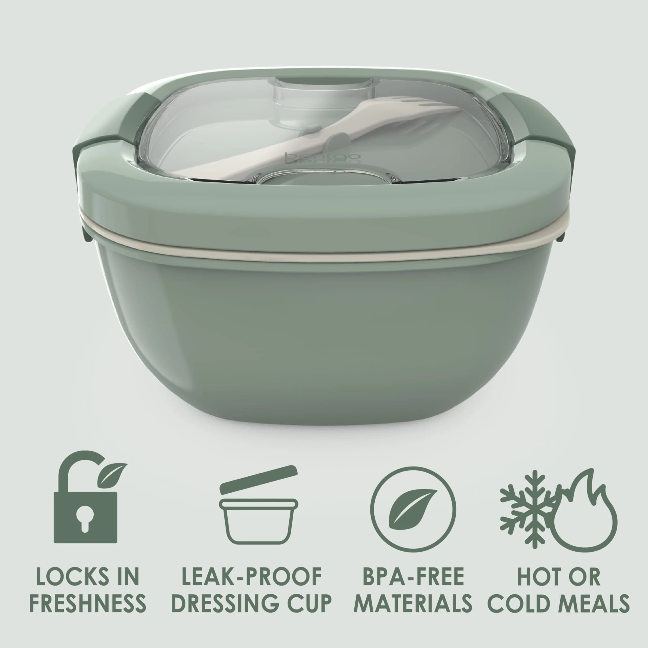 Bentgo Khaki Green 54 oz Salad Container with 4-Compartment Tray | Leak-Proof Dressing Container & Reusable Fork - view 3