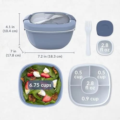 Bentgo Salad Container Lunch Bowl with 4-Compartment Toppings Tray 1.9L (54 oz) | Leak-Proof Sauce Container & Reusable Fork Included thumbnail 7
