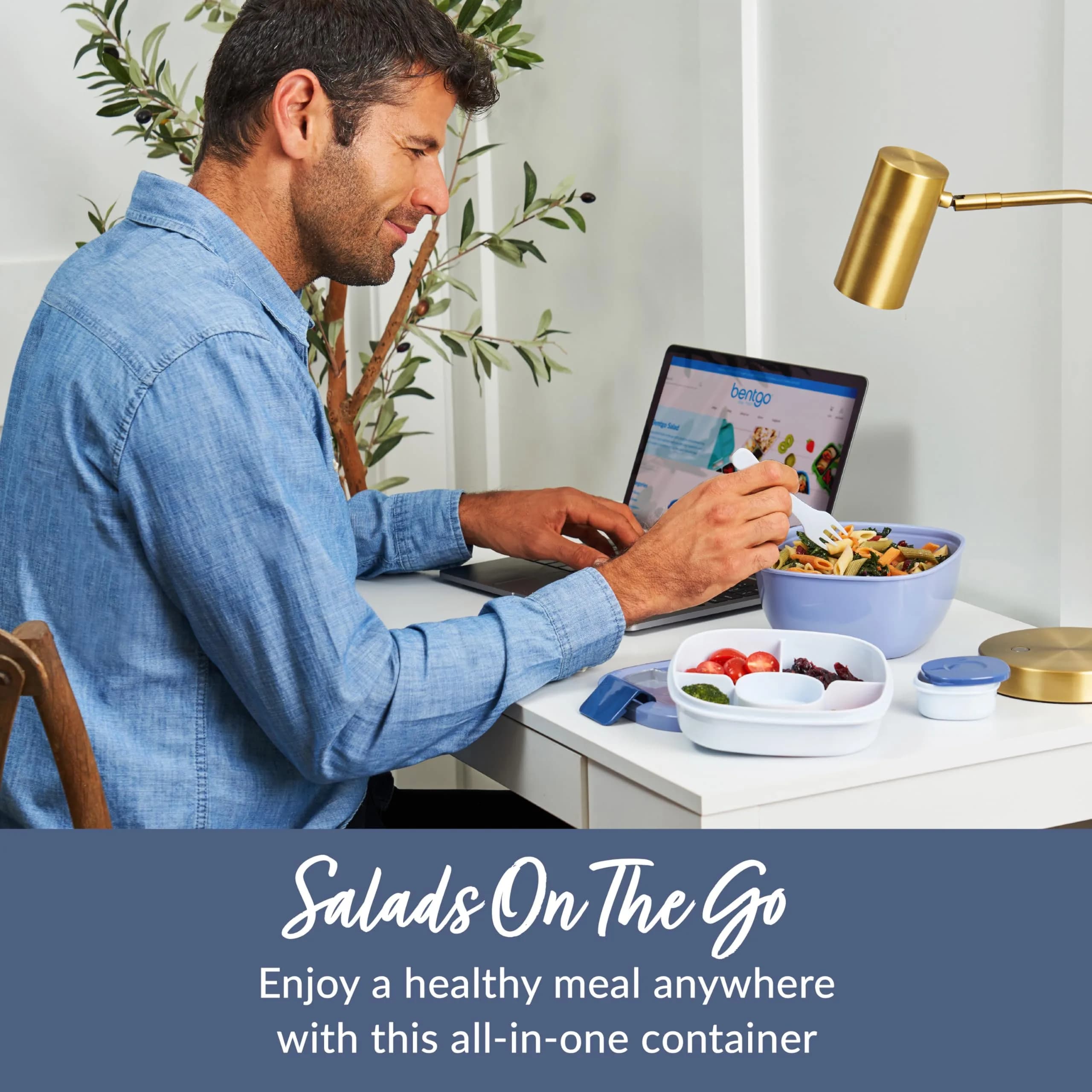 Bentgo Slate 54 oz Salad Container with 4-Compartment Tray | Leak-Proof Dressing Container & Reusable Fork - view 2