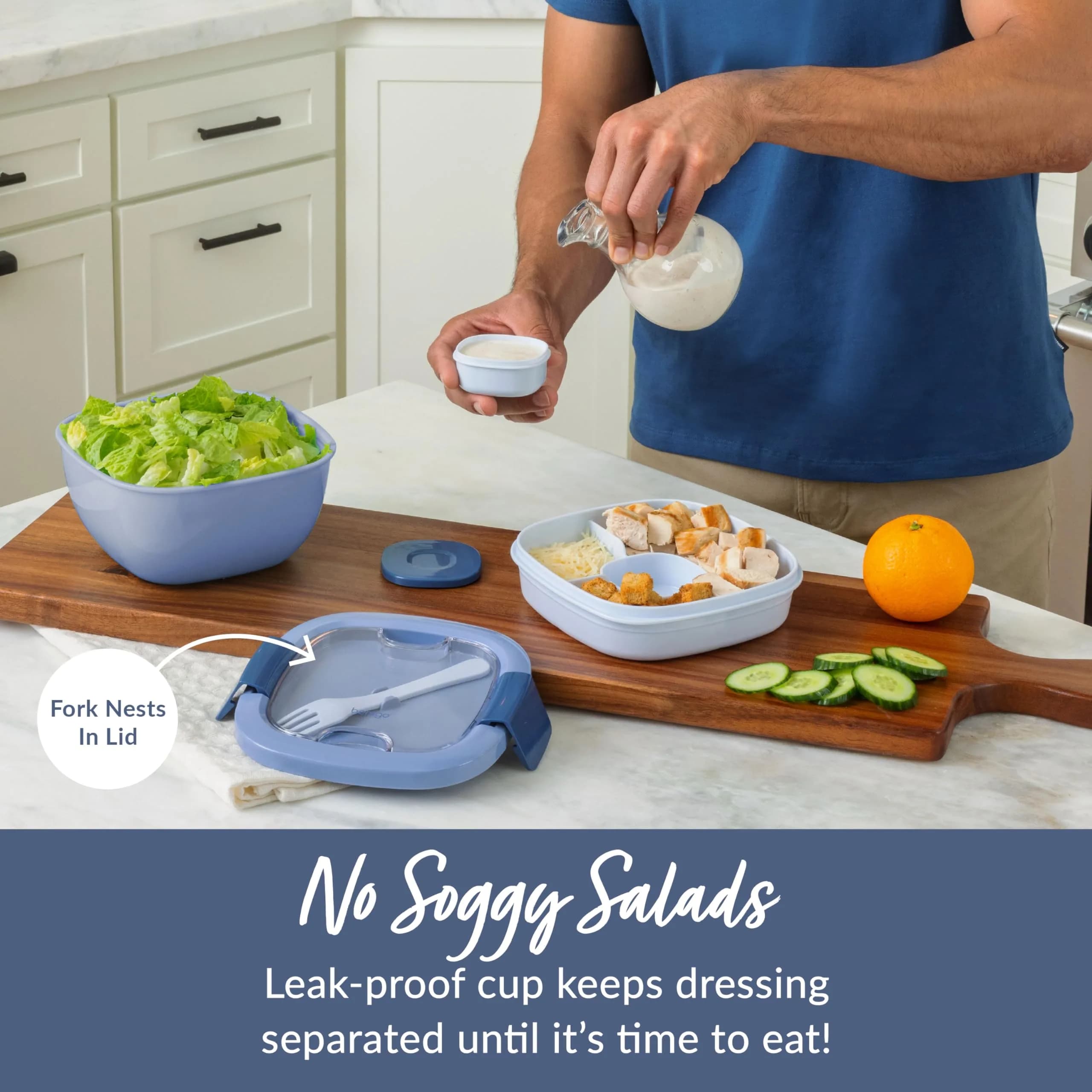 Bentgo Slate 54 oz Salad Container with 4-Compartment Tray | Leak-Proof Dressing Container & Reusable Fork - view 4