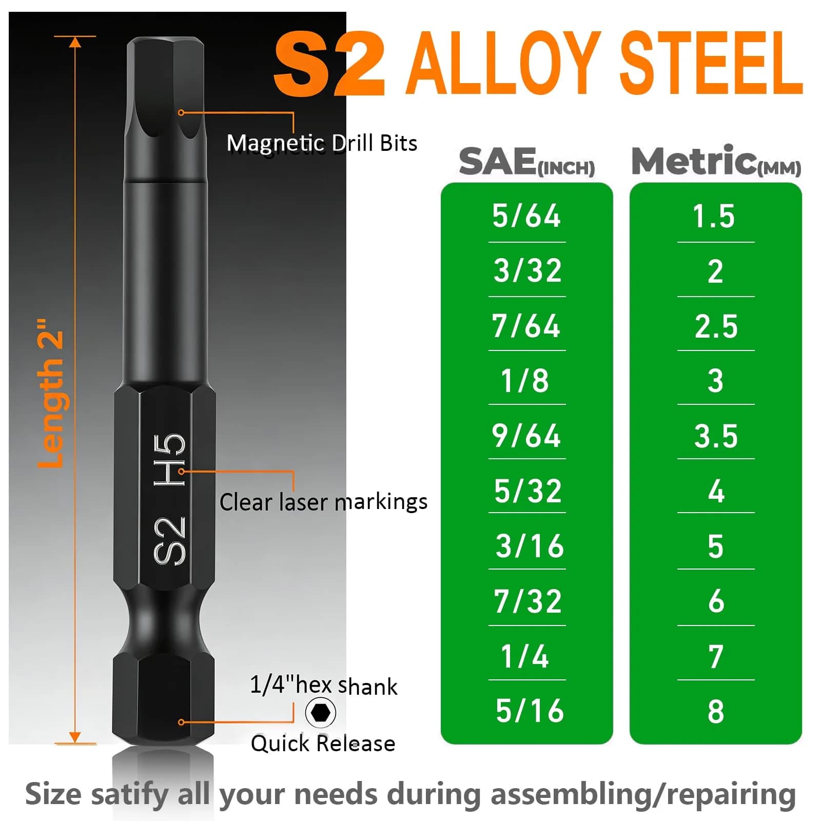 PTSLKHN Hex Head Allen Wrench Drill Bit Set 20pc (10 Metric, 10 SAE) | 1/4" Quick Release Shank Magnetic Hex Bits - view 6