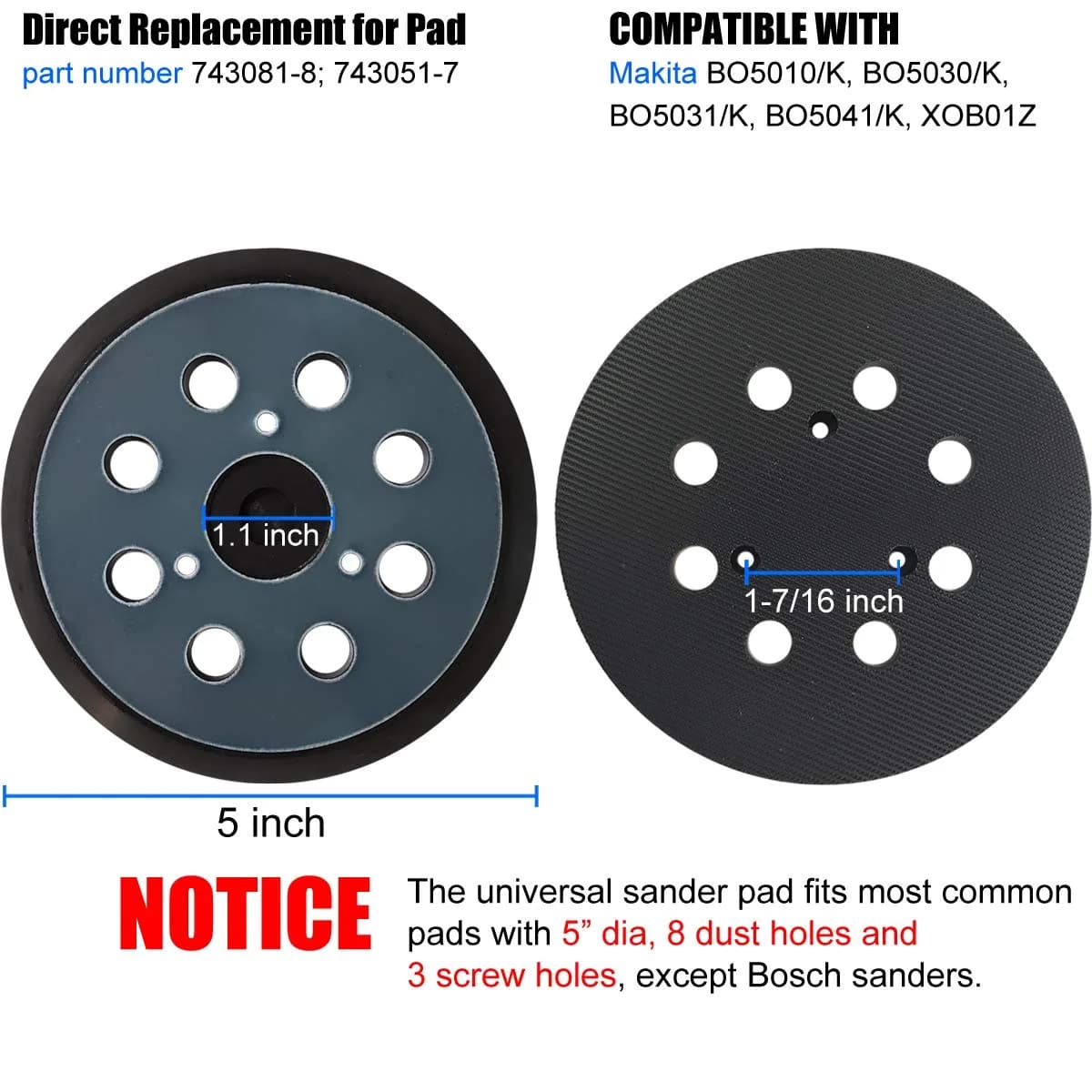Tockrop 5" Hook and Loop Replacement Sander Pad | Universal Fit for Makita Sanders & 8-Hole Dust Extraction - view 2