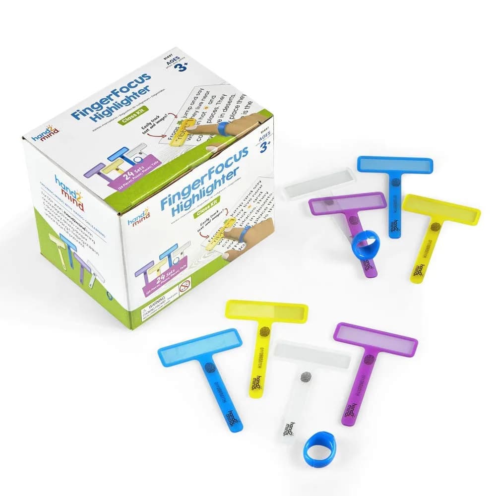 hand2mind FingerFocus Highlighter, Guided Reading Strips, Tracker, Color Overlays for Dyslexia, ADHD Tools for Kids, Wide Tip, 24 Count