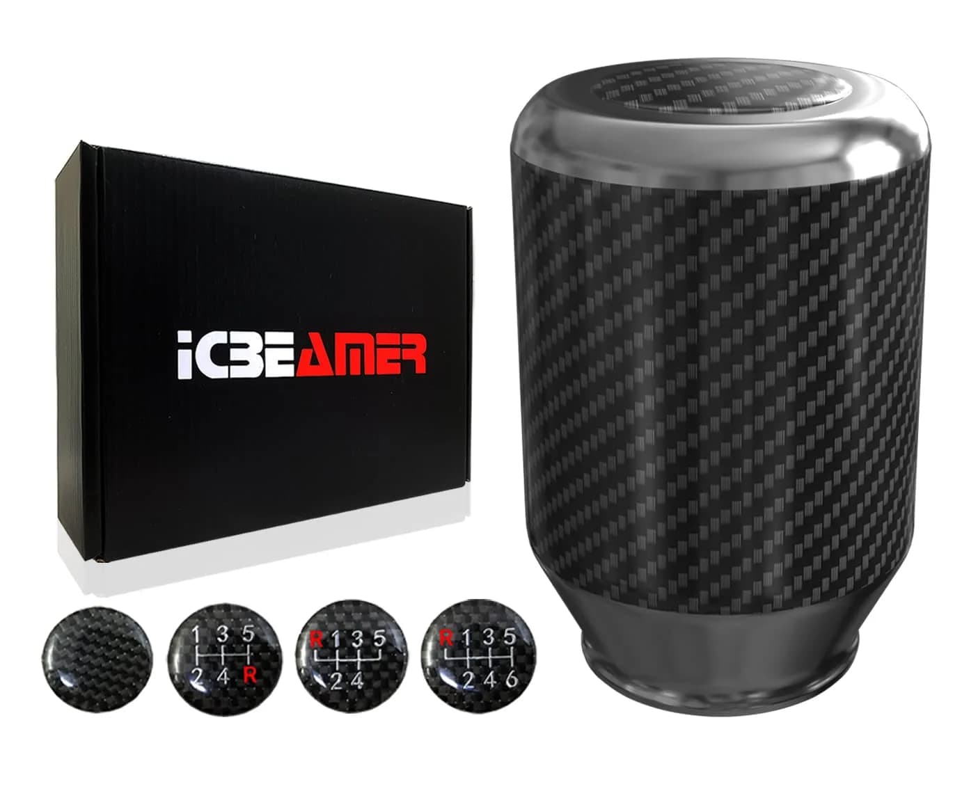 ICBEAMER Silver Aluminum w/ 100% Real Carbon Fiber 2.5" Shift Knob for Buttonless Automatic and 4, 5 and 6 Speed Manual Transmission Vehicles, Carbon Fiber Grip, Black Top and Bottom | Universal Fit, Durable, Stylish — Silver