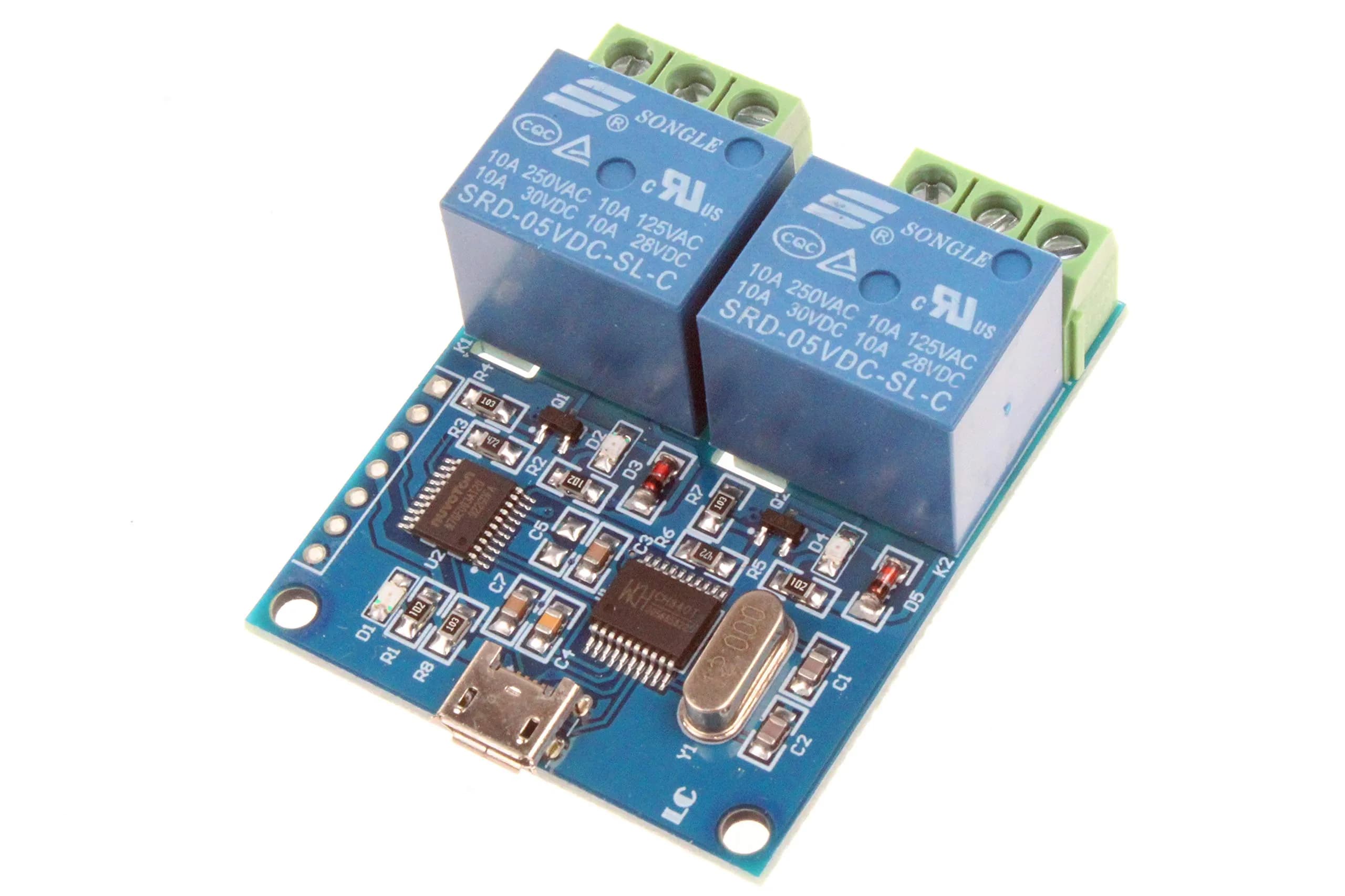 NOYITO 2-Channel Micro USB Relay Module with CH340 Chip, 5V 10A Relays | Control Devices via USB Serial Commands — Blue