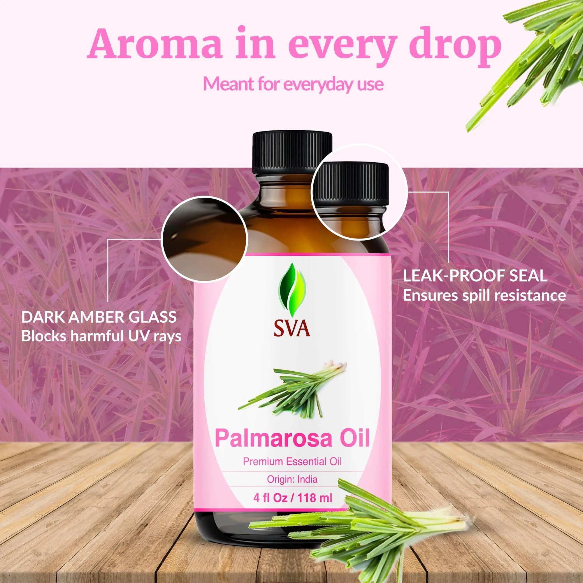 SVA ORGANICS Palmarosa Essential Oil 118 ml (4 Fl Oz) | Pure Floral Aroma for Diffuser, Skin & Hair Care - view 7